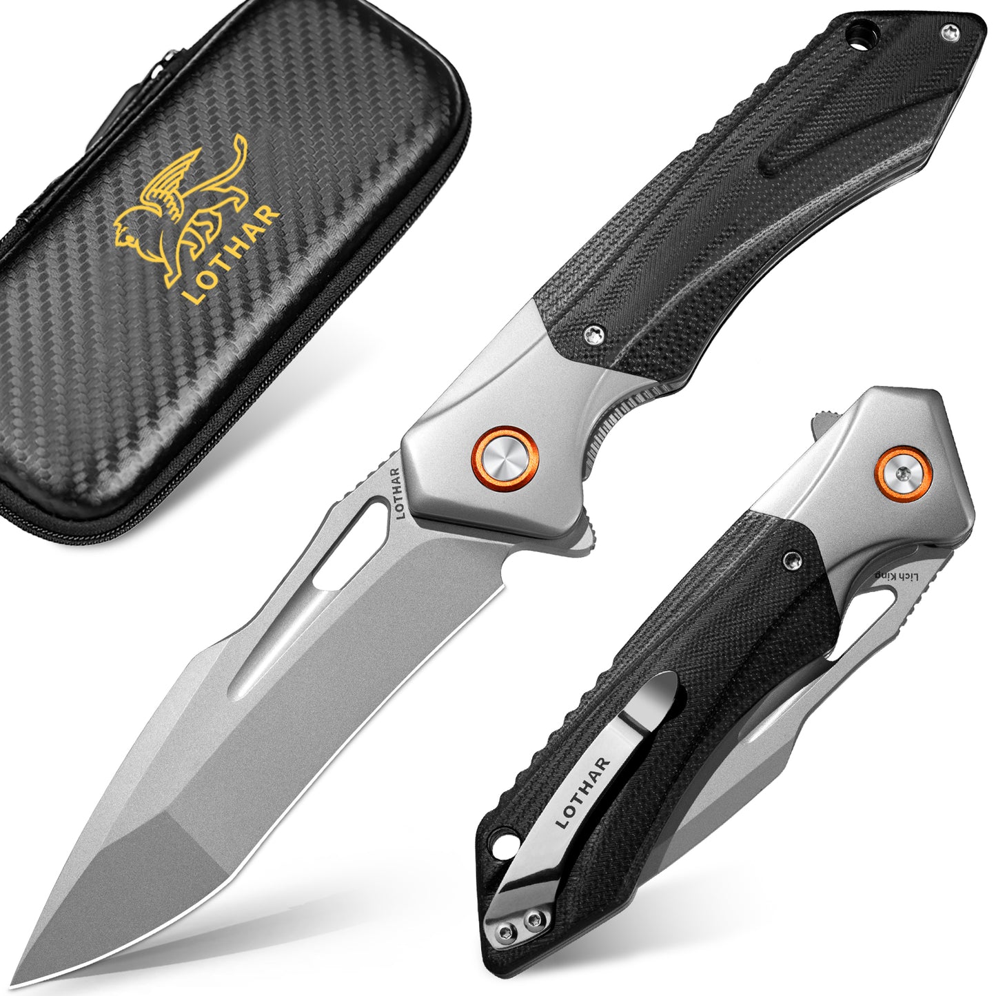 LOTHAR Taschenmesser für Männer, Klappmesser mit schwarzgewaschenem D2-Stahl und G10-Griff, Geschenke für Männer Cooles EDC-Messer, Taschenclip, Flipper-unterstütztes Öffnen, Weihnachtsstrumpffüller für Männer