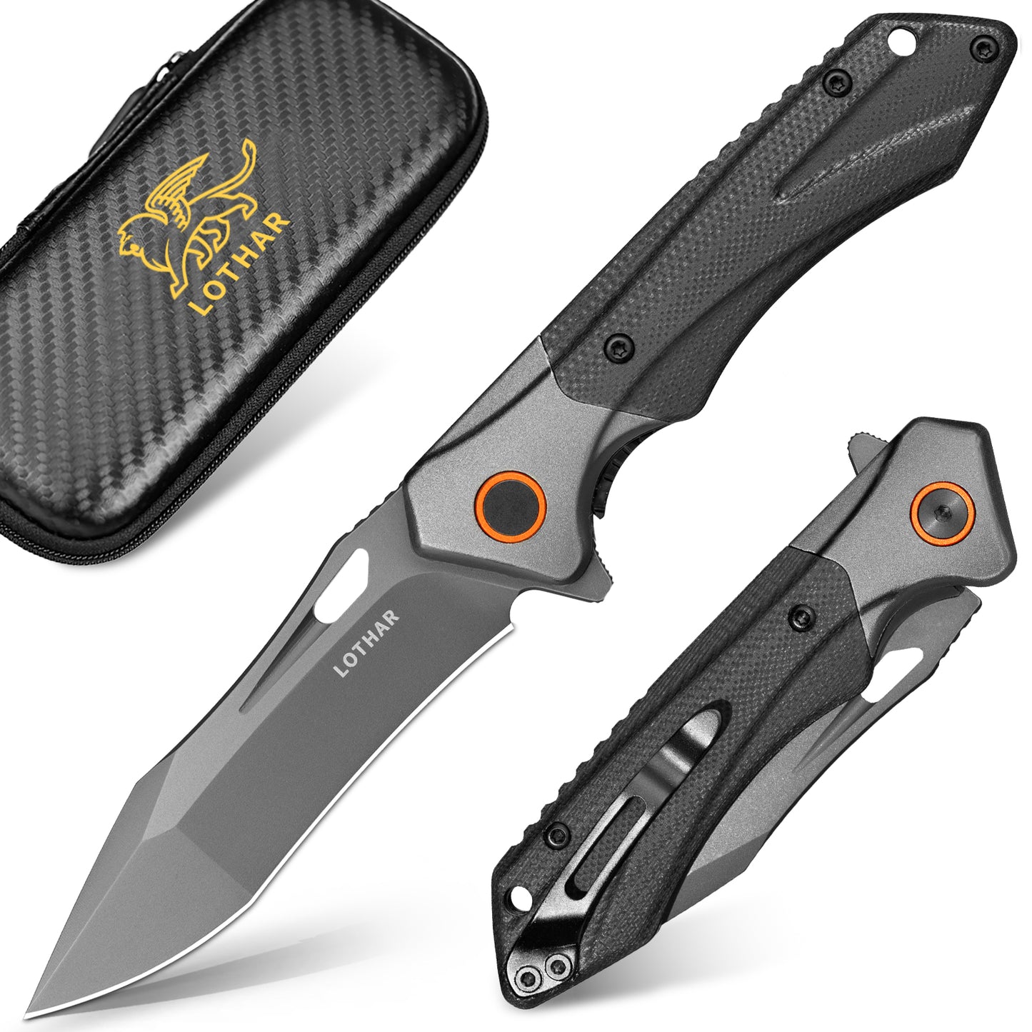 LOTHAR Taschenmesser für Männer, Klappmesser mit schwarzgewaschenem D2-Stahl und G10-Griff, Geschenke für Männer Cooles EDC-Messer, Taschenclip, Flipper-unterstütztes Öffnen, Weihnachtsstrumpffüller für Männer