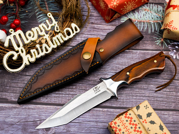LOTHAR MOOSE Fixed Blade Hunting Knife, 5.3 Inch Sharp D2 Blade Bowie Knife with Leather Sheath, Rosewood Handle, Perfect Helper for Hunting, Camping or Bushcraft