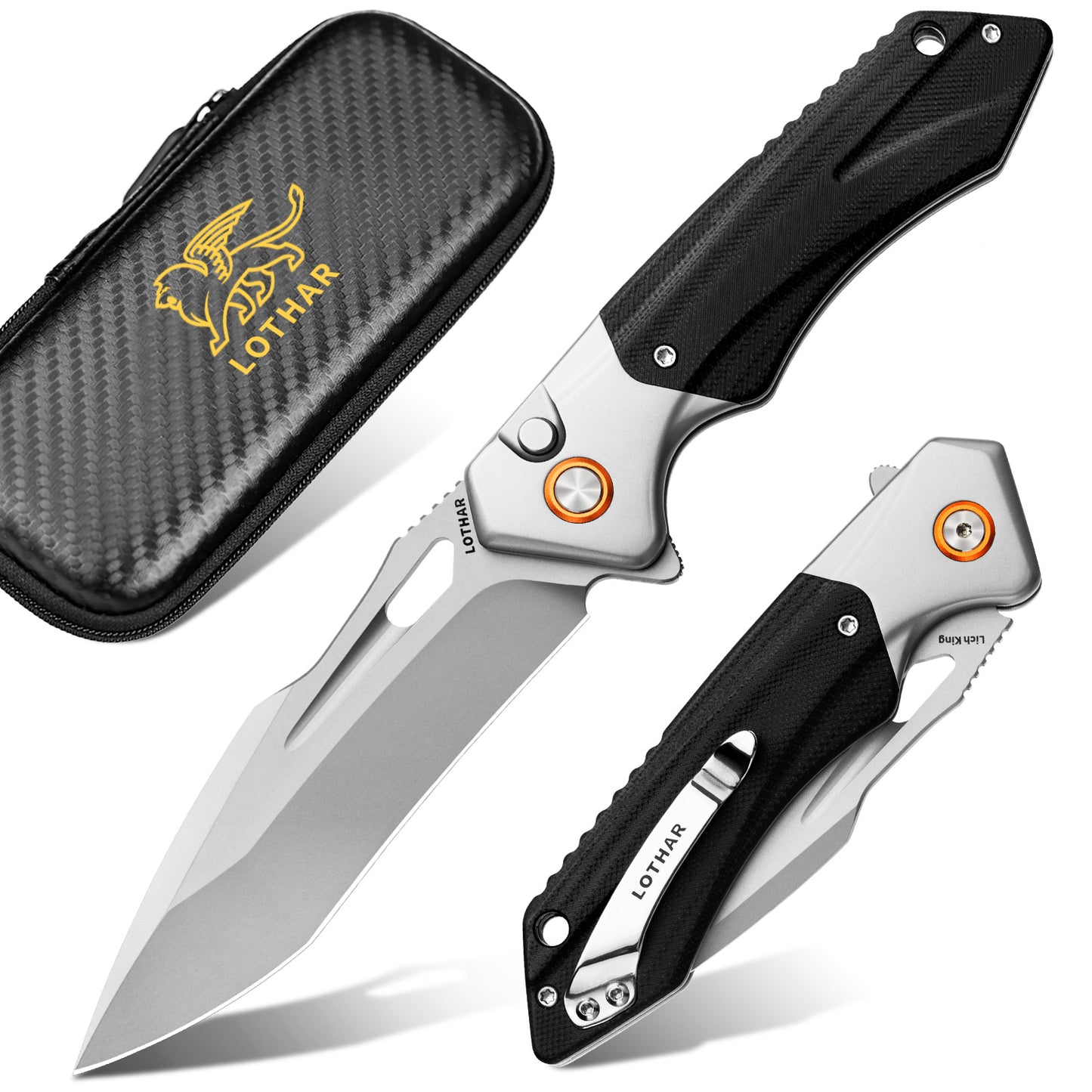LOTHAR LICH KING 3.5 Inch 14C28N Steel Button Lock Folding Knife with Clip, G10 Handle