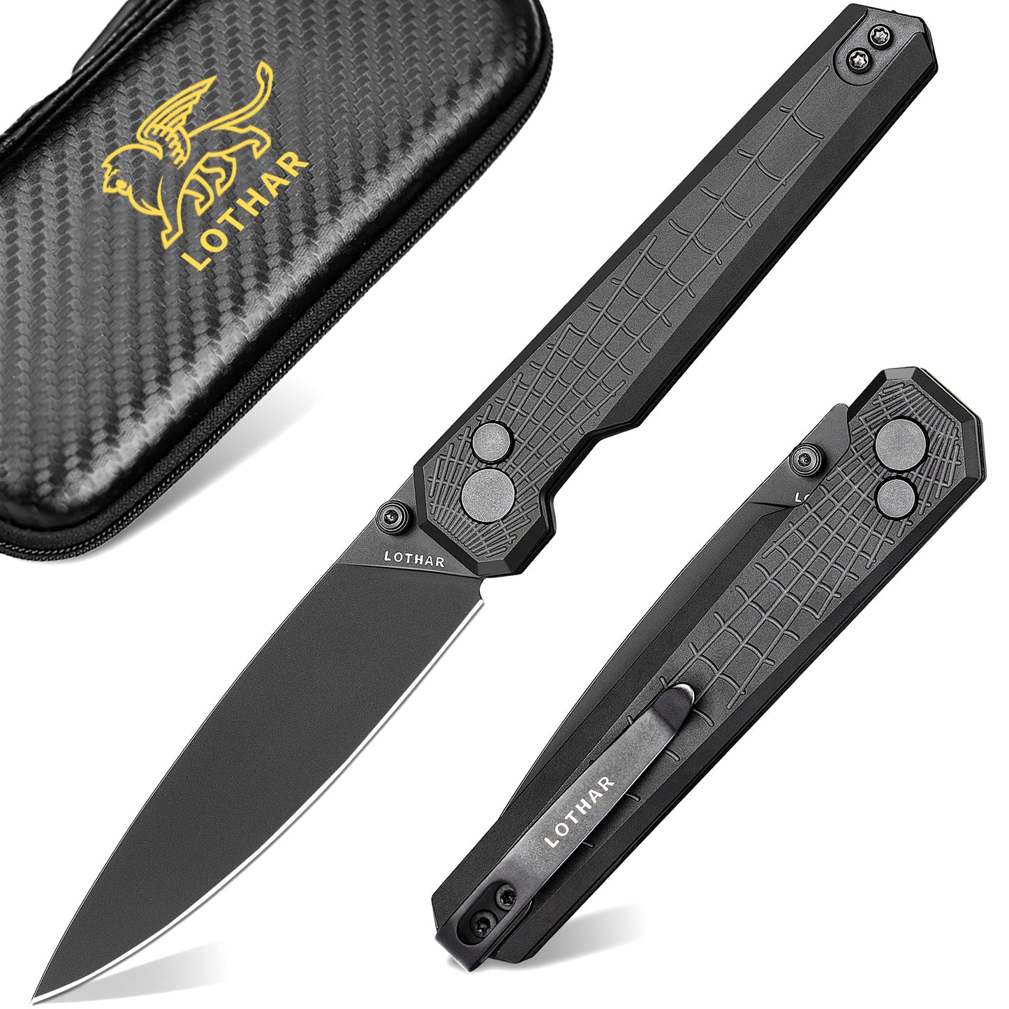 LOTHAR Spider 2.98" 14C28N Steel Button Lock Folding Pocket Knife with Aluminum Handle, Thumb Stud & Deep Carry Clip