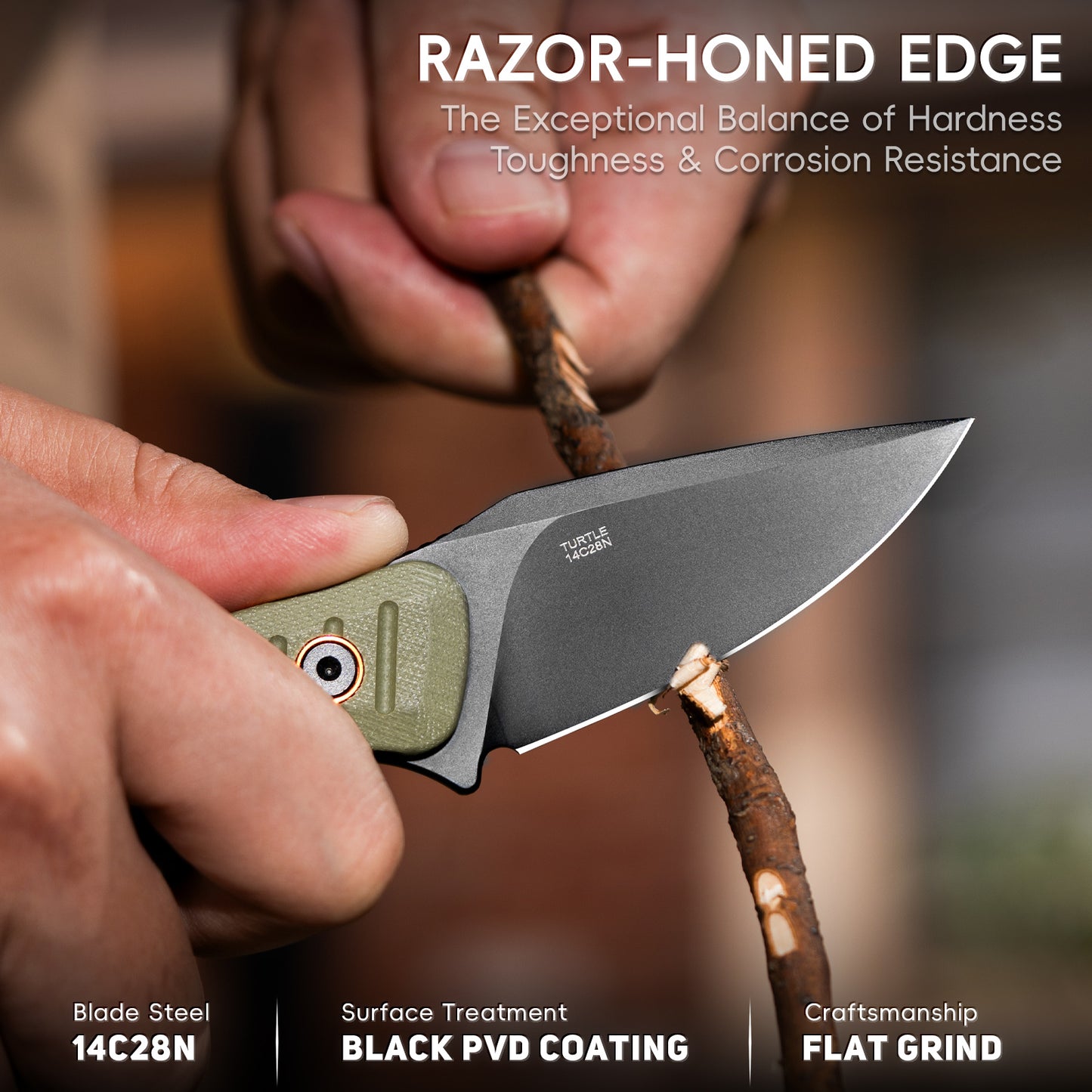 LOTHAR TURTLE 2.75" 14C28N Steel Blade Small Fixed Blade Camping Neck Knives with Green G10 Handle and Sheath