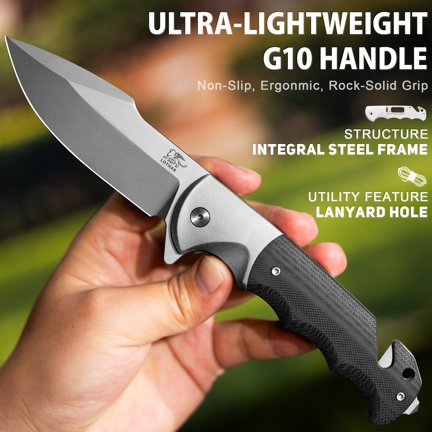 LOTHAR SMAUG Tactical Pocket Knife, 3.7" D2 Steel Blade Pocket Knives for Men, G10 Handle, 3-in-1 Survival Knife with Glass Breaker, Hunting Knife for Camping, Gift for Men Women (GREY)