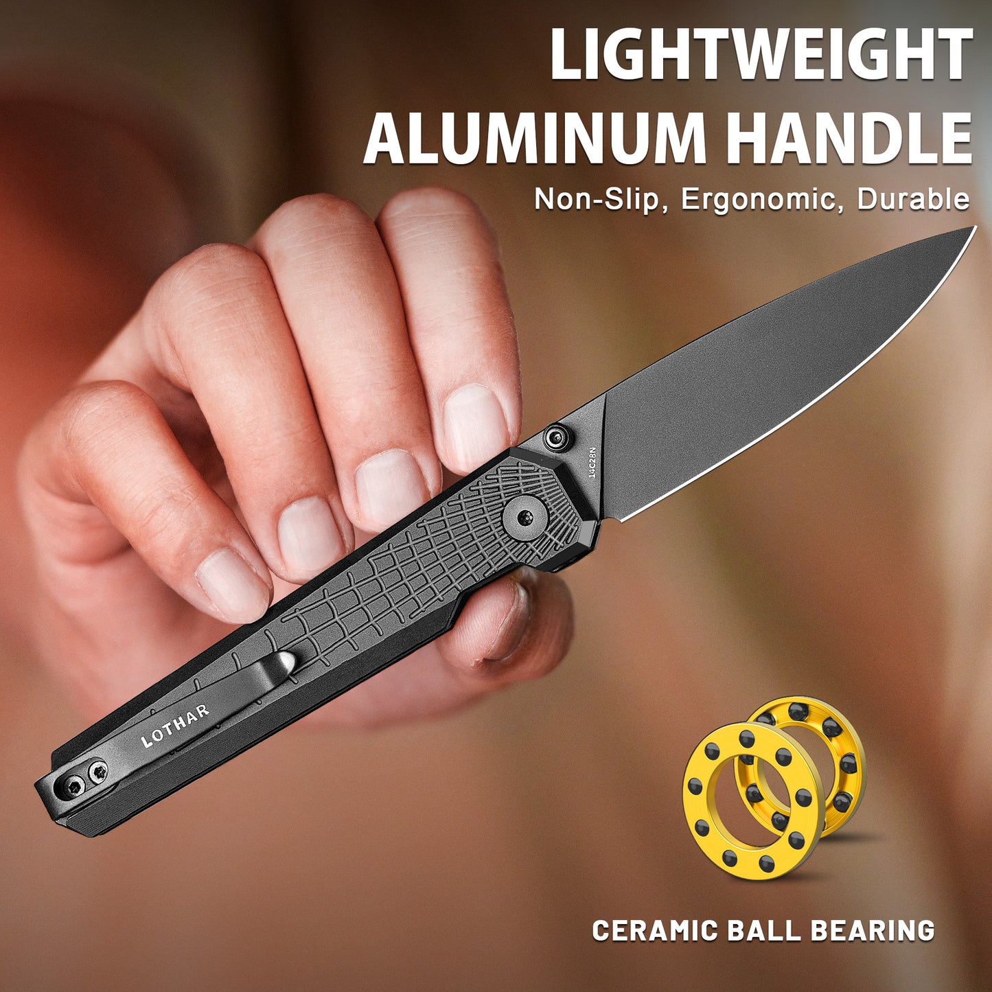 LOTHAR Spider 2.98" 14C28N Steel Button Lock Folding Pocket Knife with Aluminum Handle, Thumb Stud & Deep Carry Clip
