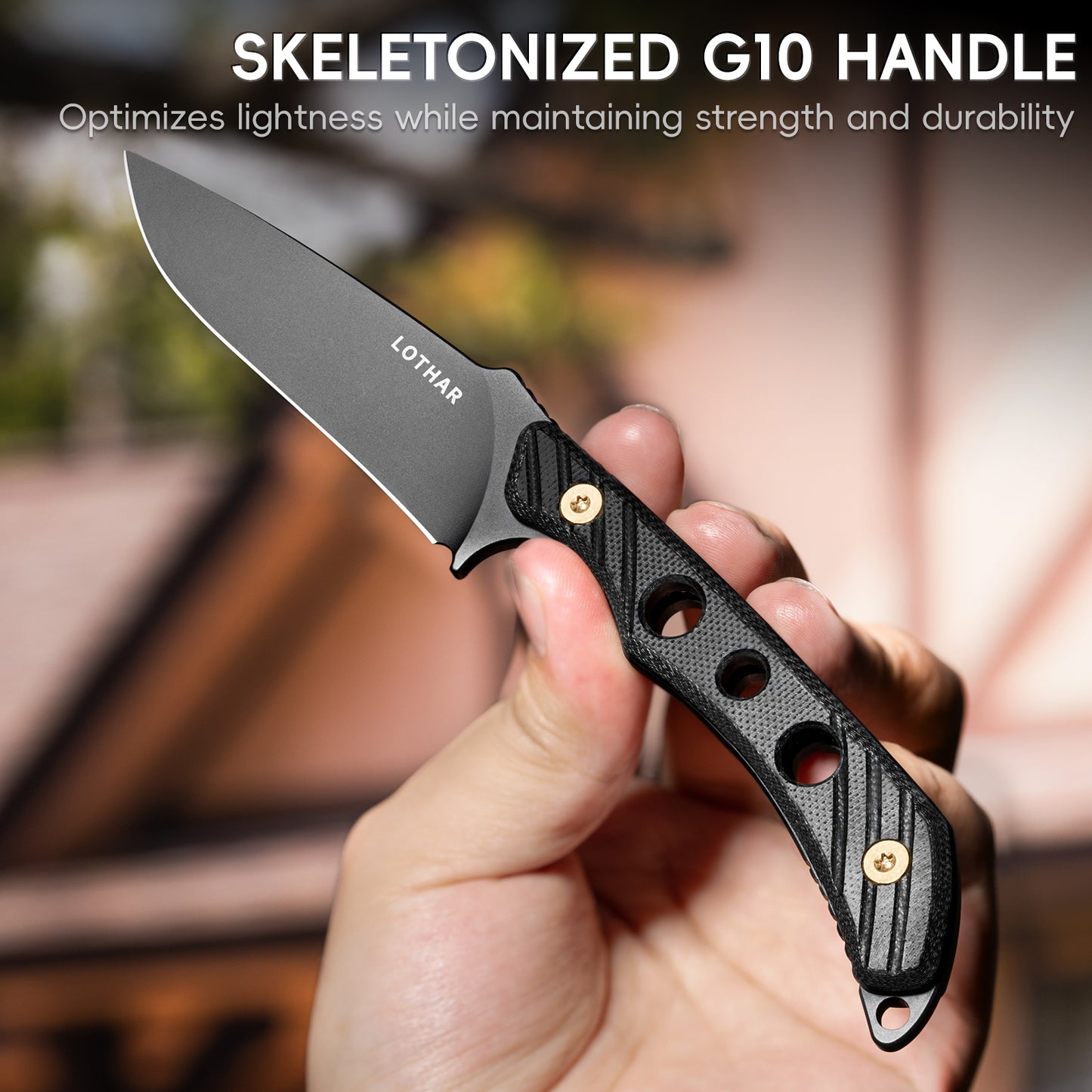 LOTHAR Jagdmesser mit feststehender Klinge für Männer, Full Tang D2 Überlebensmesser mit Lederscheide, G10-Griff Outdoor-Campingmesser, geeignet für wildes Überleben, Jagd, Camping, Abenteuer, Bushcraft-Messer