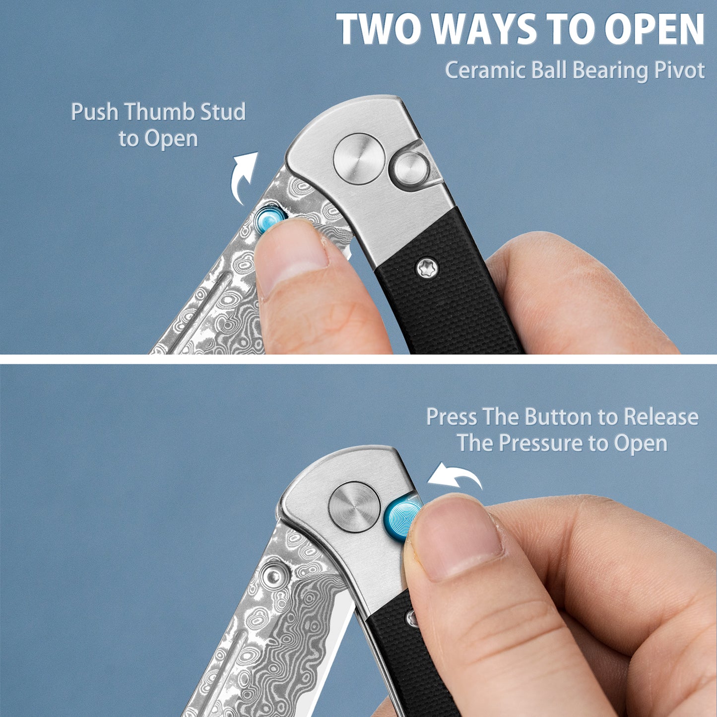 LOTHAR Falcon 2.98" Damascus Steel Blade Button Lock EDC Pocket Folding Knife with G10 Handle