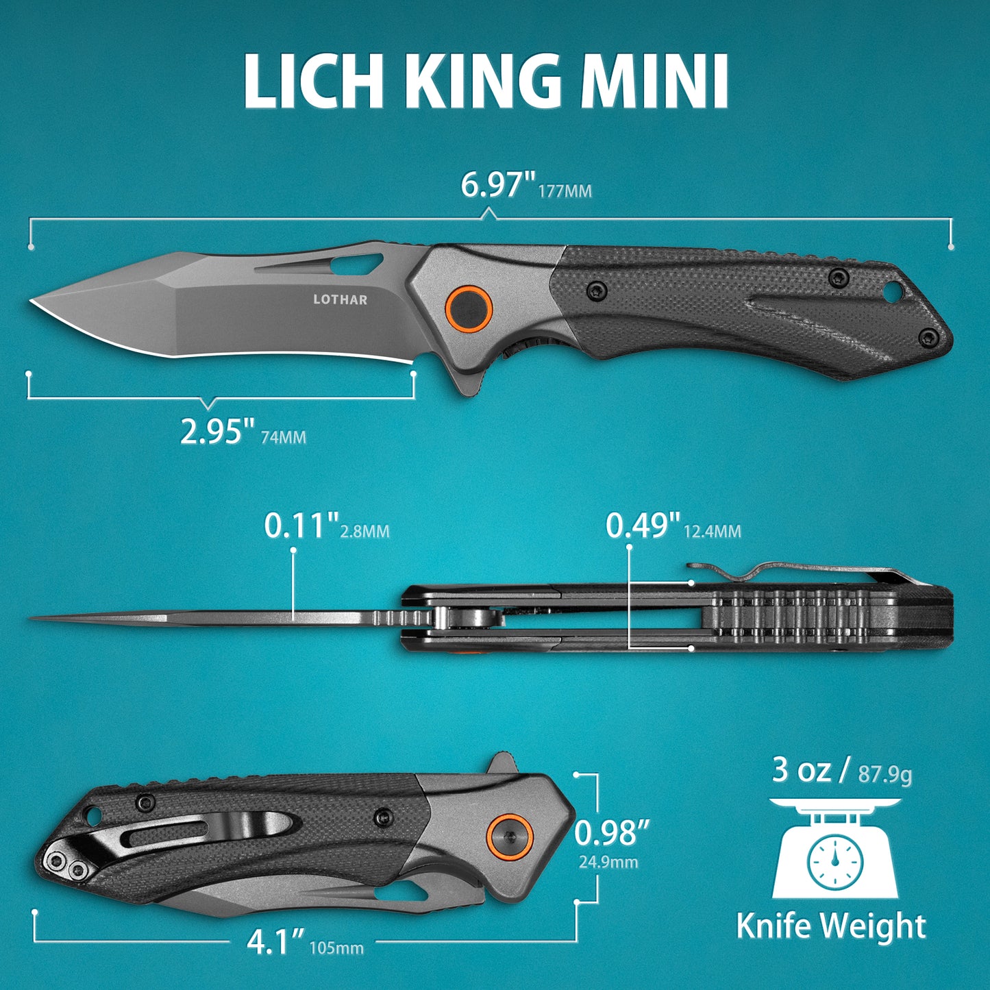 LOTHAR Taschenmesser für Männer, Klappmesser mit schwarzgewaschenem D2-Stahl und G10-Griff, Geschenke für Männer Cooles EDC-Messer, Taschenclip, Flipper-unterstütztes Öffnen, Weihnachtsstrumpffüller für Männer