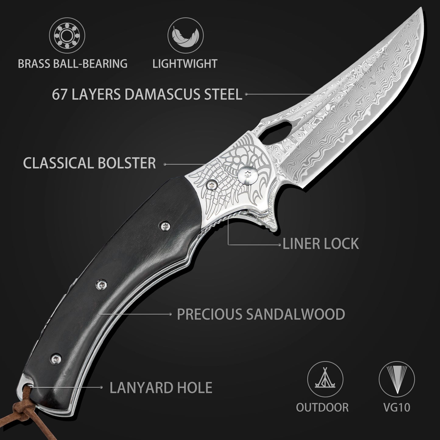LOTHAR KRAKEN Damascus Pocket Knife, 3 inch VG10 Damascus Blade Folding Knife with Retro Leather Sheath, Sandalwood Handle, Perfect Gifts for Men or Women