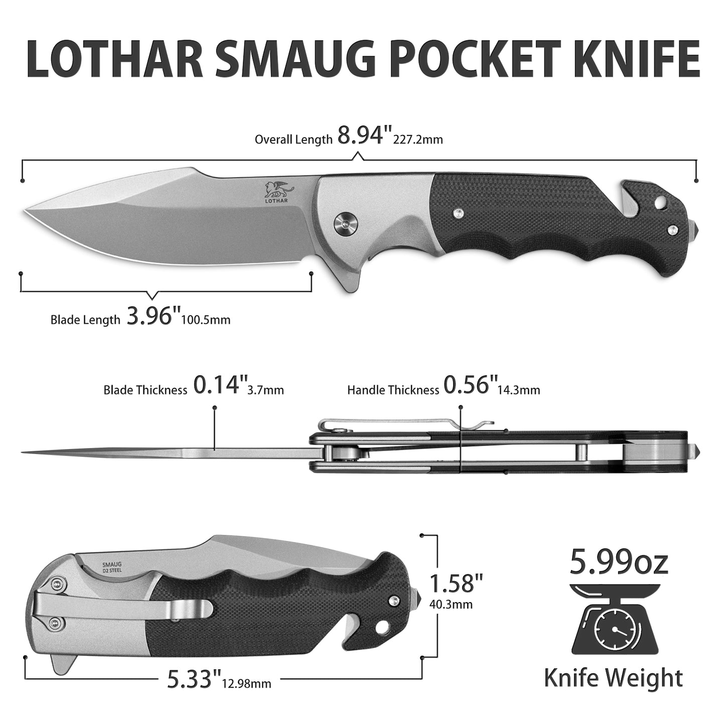 LOTHAR SMAUG Tactical Pocket Knife, 3.7" D2 Steel Blade Pocket Knives for Men, G10 Handle, 3-in-1 Survival Knife with Glass Breaker, Hunting Knife for Camping, Gift for Men Women (GREY)