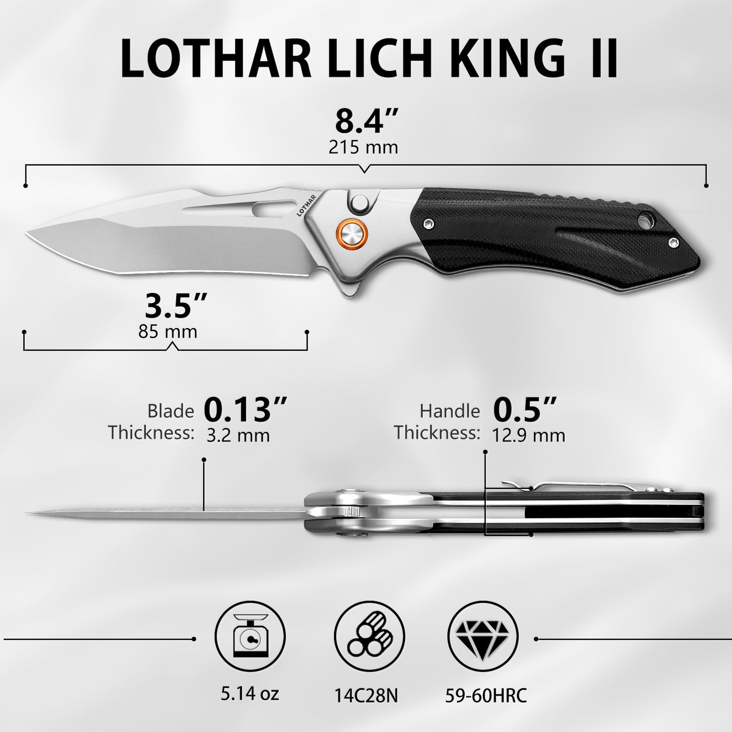 LOTHAR LICH KING 3.5 Inch 14C28N Steel Button Lock Folding Knife with Clip, G10 Handle