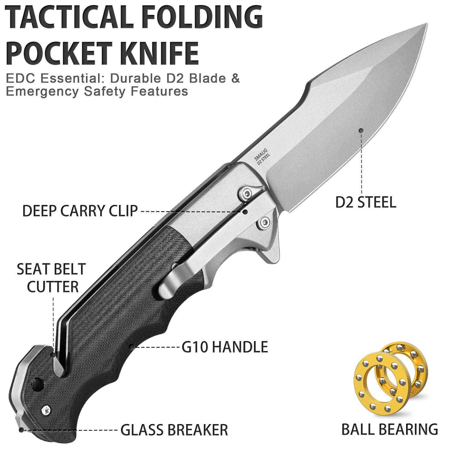 LOTHAR SMAUG Tactical Pocket Knife, 3.7" D2 Steel Blade Pocket Knives for Men, G10 Handle, 3-in-1 Survival Knife with Glass Breaker, Hunting Knife for Camping, Gift for Men Women (GREY)