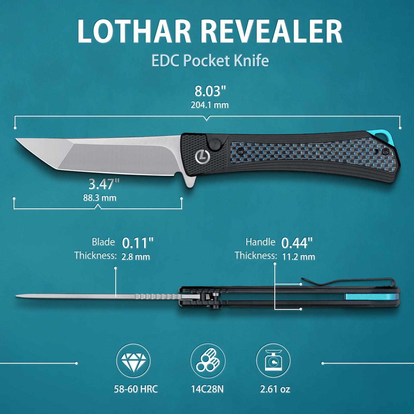 LOTHAR REVEALER Pocket Knife, 3.43" 14C28N Steel Blade EDC knife, Carbon Fiber Handle, Button Lock