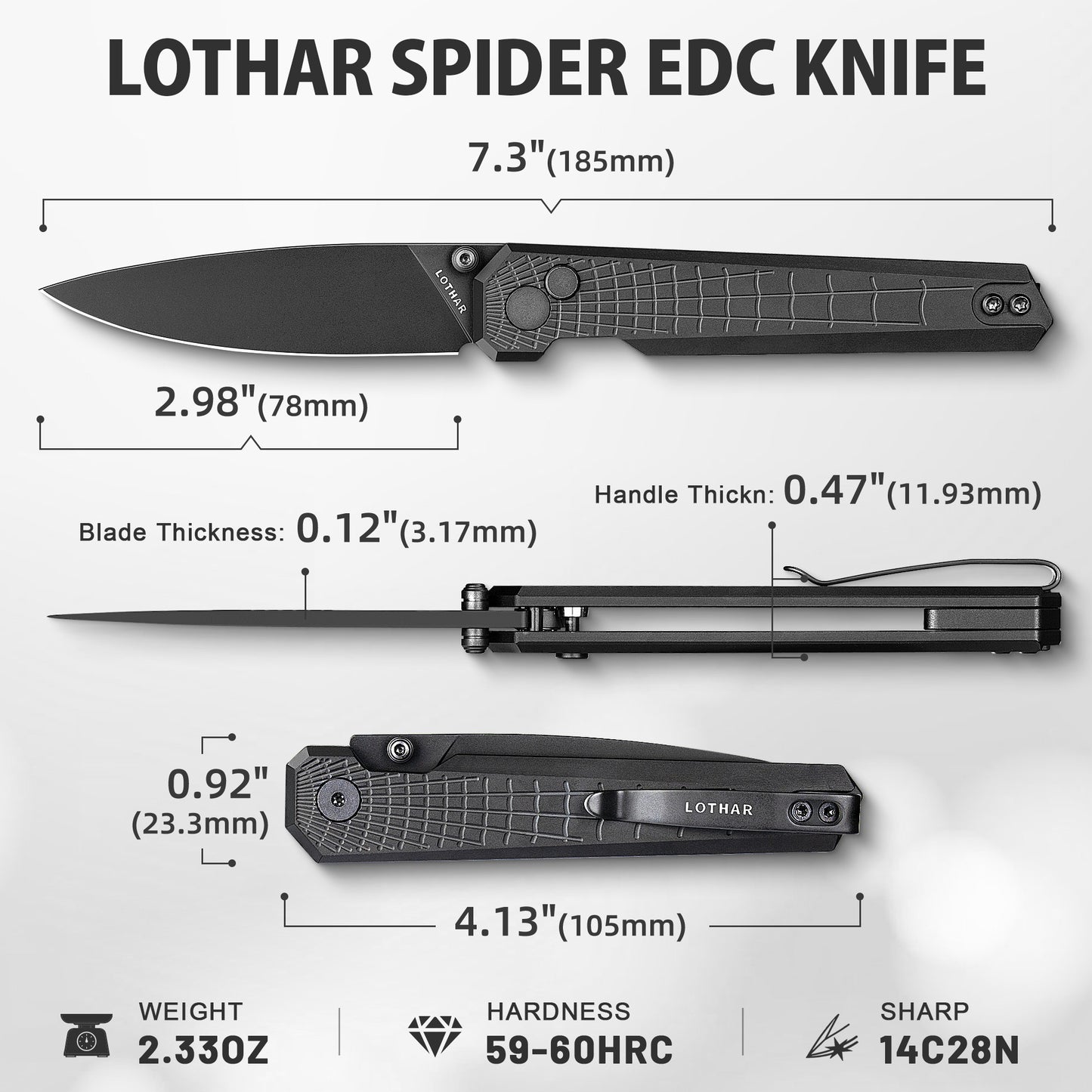 LOTHAR Spider 2.98" 14C28N Steel Button Lock Folding Pocket Knife with Aluminum Handle, Thumb Stud & Deep Carry Clip