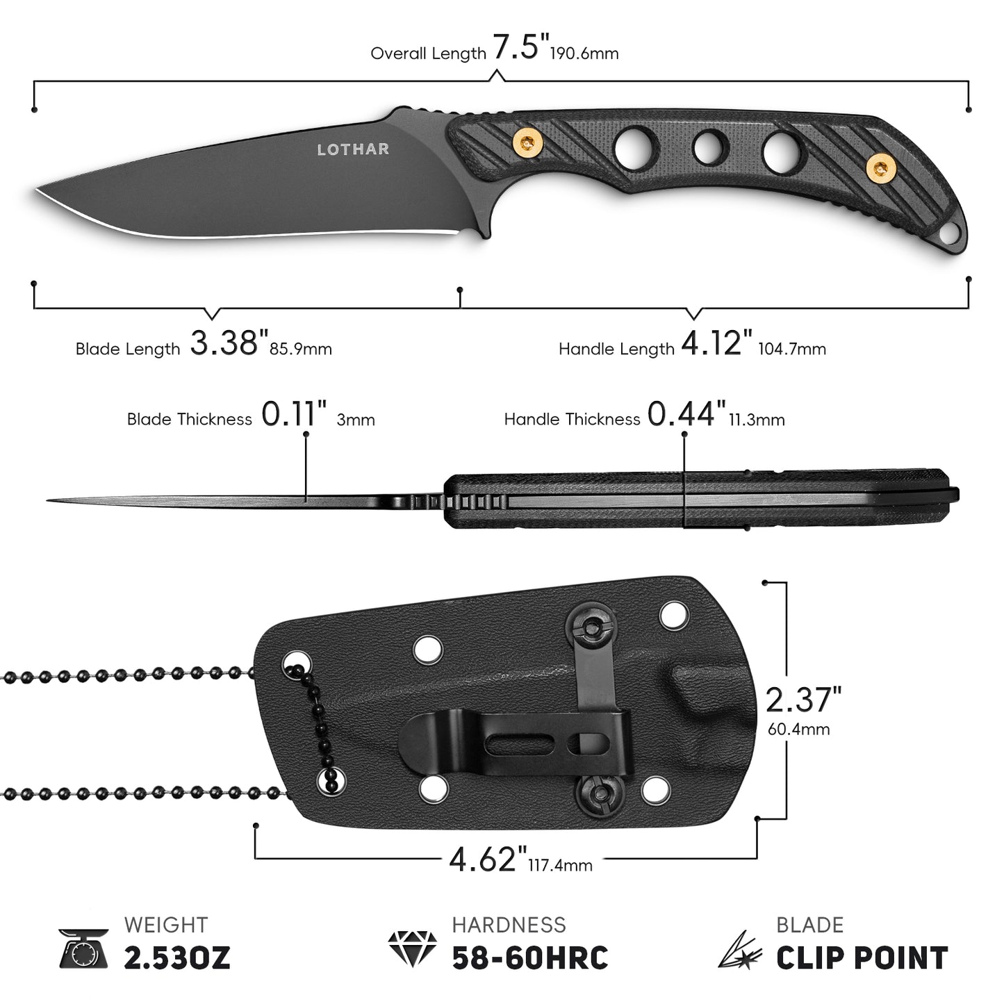LOTHAR Jagdmesser mit feststehender Klinge für Männer, Full Tang D2 Überlebensmesser mit Lederscheide, G10-Griff Outdoor-Campingmesser, geeignet für wildes Überleben, Jagd, Camping, Abenteuer, Bushcraft-Messer