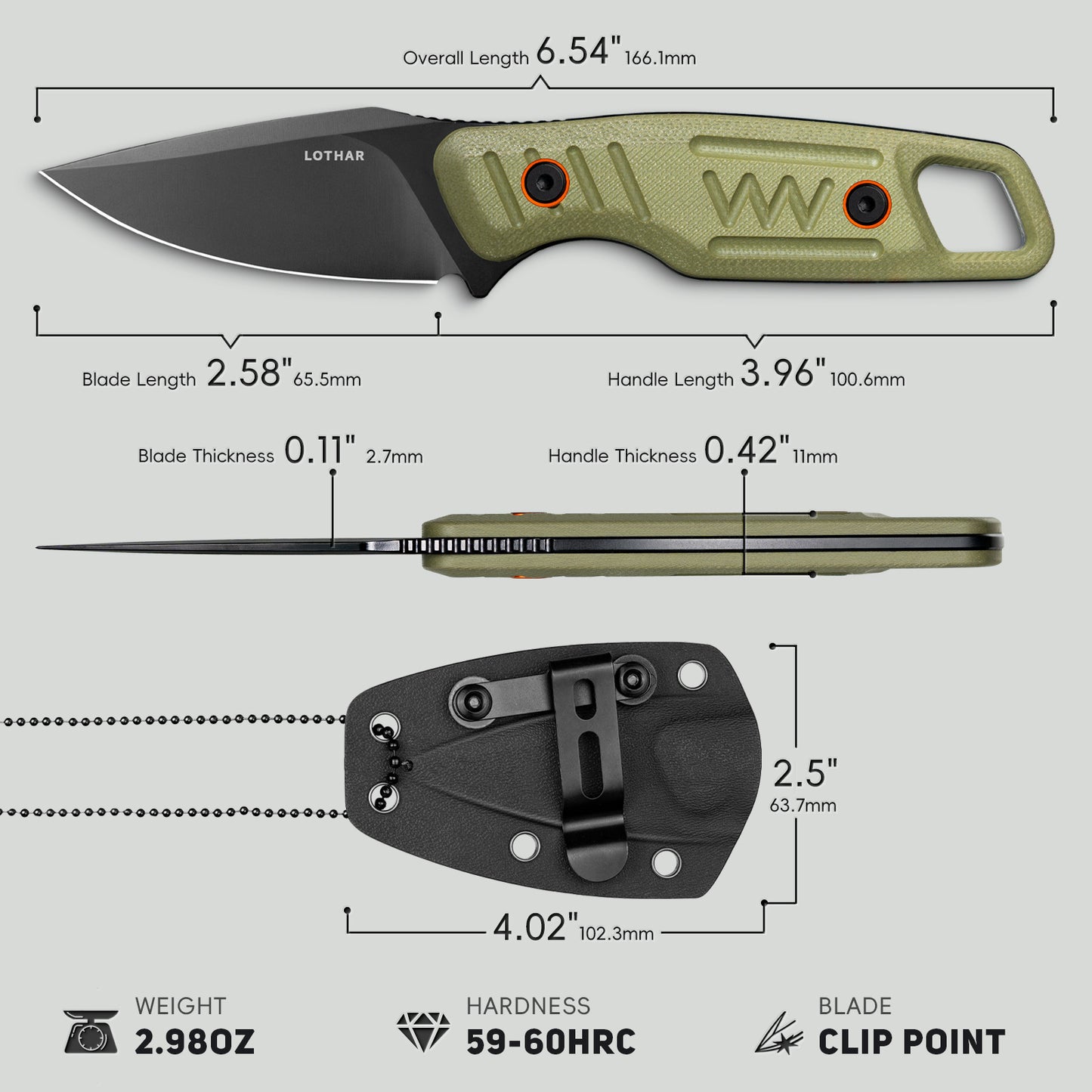 LOTHAR TURTLE 2.75" 14C28N Steel Blade Small Fixed Blade Camping Neck Knives with Green G10 Handle and Sheath