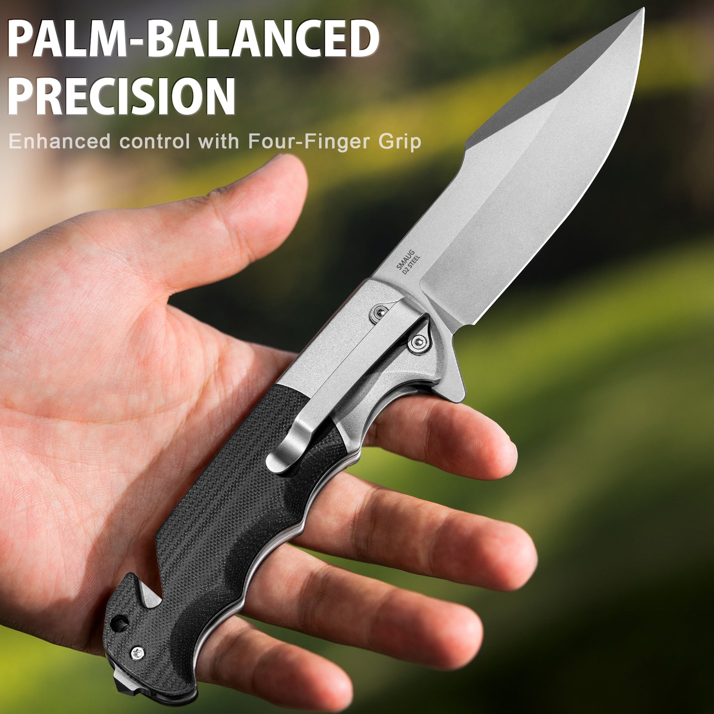 LOTHAR SMAUG Tactical Pocket Knife, 3.7" D2 Steel Blade Pocket Knives for Men, G10 Handle, 3-in-1 Survival Knife with Glass Breaker, Hunting Knife for Camping, Gift for Men Women (GREY)