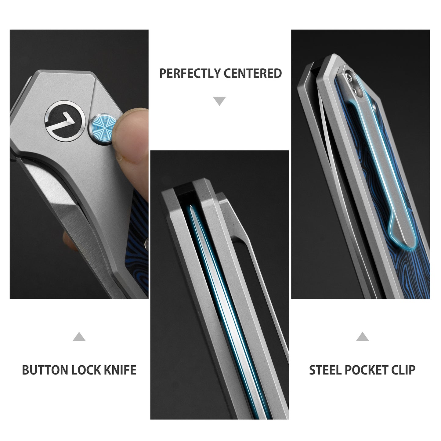 LOTHAR Raptor 3.7" 14C28N Steel Blade Button Lock EDC Pocket Knife with Blue Damascus G10 Handle