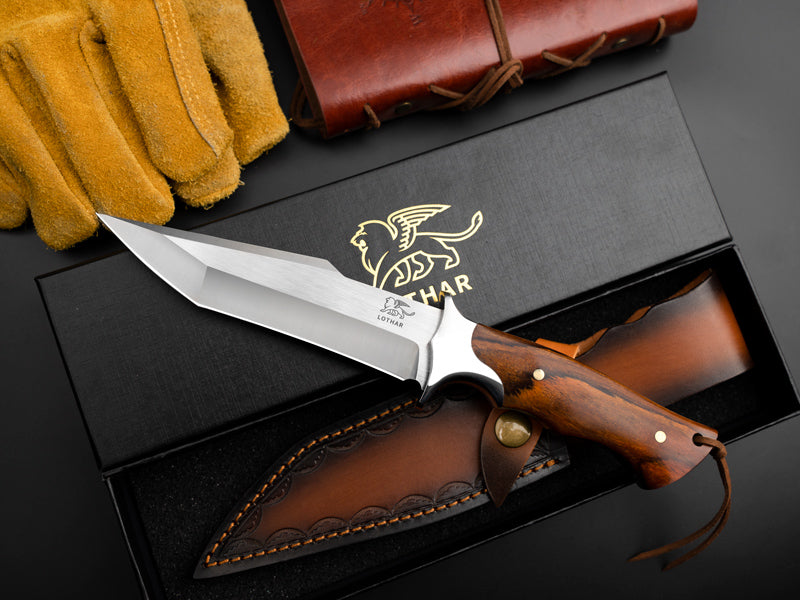 LOTHAR MOOSE Fixed Blade Hunting Knife, 5.3 Inch Sharp D2 Blade Bowie Knife with Leather Sheath, Rosewood Handle, Perfect Helper for Hunting, Camping or Bushcraft