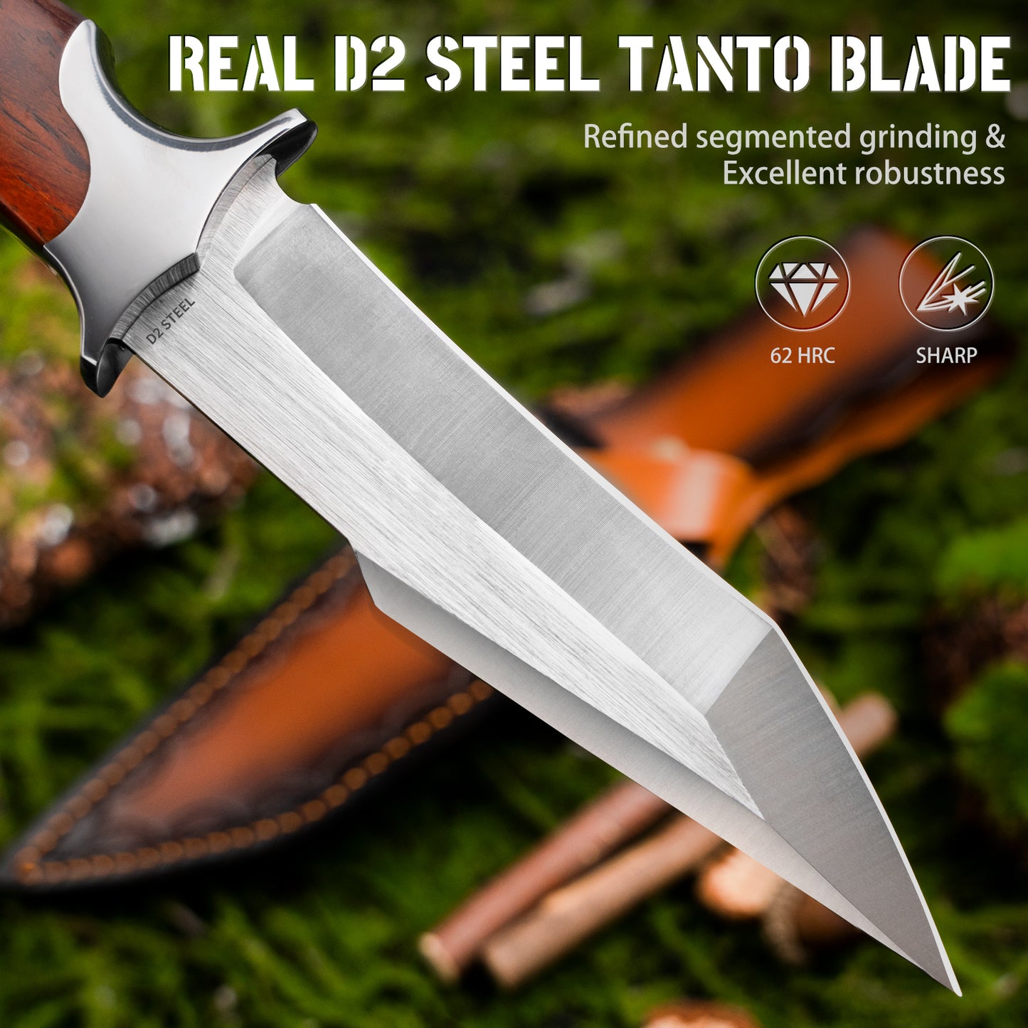 LOTHAR MOOSE Fixed Blade Hunting Knife, 5.3 Inch Sharp D2 Blade Bowie Knife with Leather Sheath, Rosewood Handle, Perfect Helper for Hunting, Camping or Bushcraft
