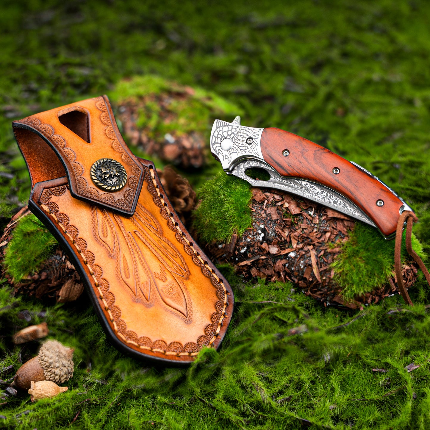 LOTHAR KRAKEN Damascus Pocket Knife, 3 inch VG10 Damascus Blade Folding Knife with Retro Leather Sheath, Sandalwood Handle, Perfect Gifts for Men or Women