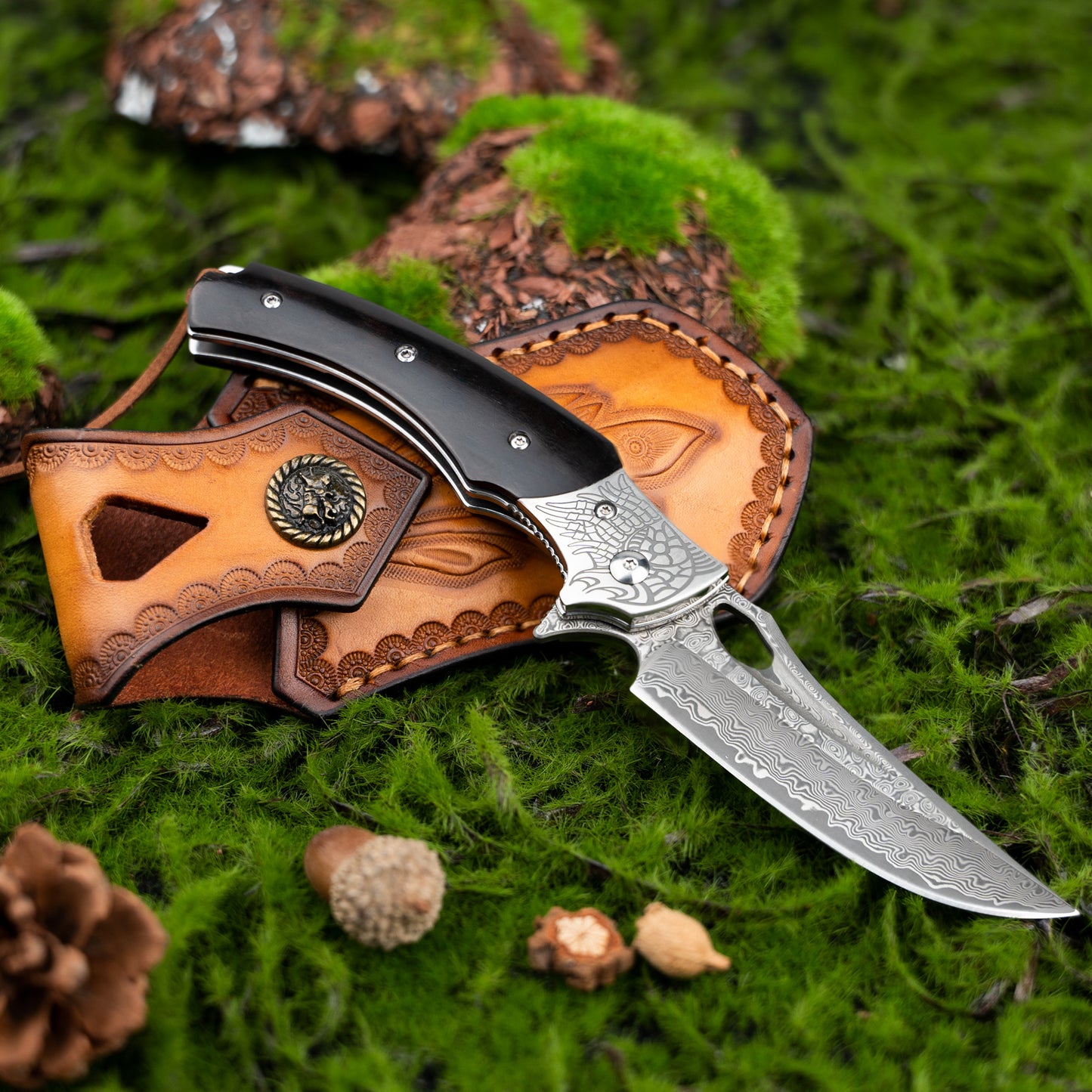 LOTHAR Damast-Taschenmesser für Herren, 8,03" VG10 Klappmesser mit Retro-Lederscheide, Sandelholzgriff, klassischer Kropf, Lanyard-Loch, EDC-Messerjubiläen, Weihnachten, elegante Geschenke für Herren