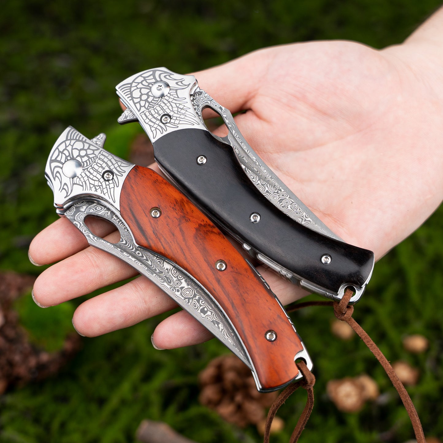 LOTHAR KRAKEN Damascus Pocket Knife, 3 inch VG10 Damascus Blade Folding Knife with Retro Leather Sheath, Sandalwood Handle, Perfect Gifts for Men or Women