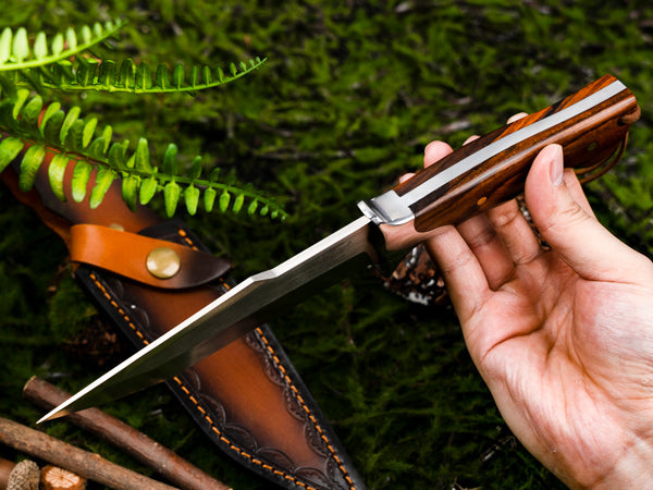 LOTHAR MOOSE Fixed Blade Hunting Knife, 5.3 Inch Sharp D2 Blade Bowie Knife with Leather Sheath, Rosewood Handle, Perfect Helper for Hunting, Camping or Bushcraft