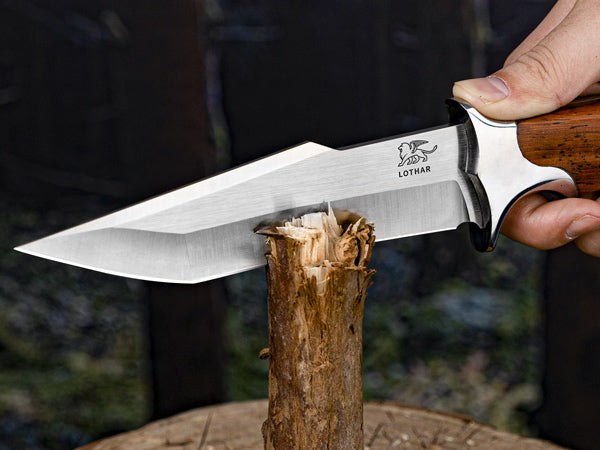 LOTHAR MOOSE Fixed Blade Hunting Knife, 5.3 Inch Sharp D2 Blade Bowie Knife with Leather Sheath, Rosewood Handle, Perfect Helper for Hunting, Camping or Bushcraft