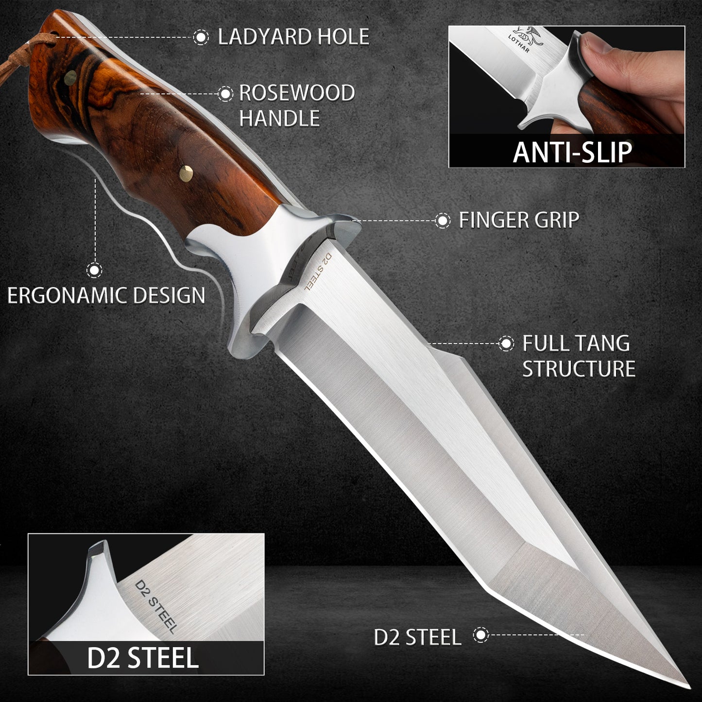 LOTHAR MOOSE Fixed Blade Hunting Knife, 5.3 Inch Sharp D2 Blade Bowie Knife with Leather Sheath, Rosewood Handle, Perfect Helper for Hunting, Camping or Bushcraft