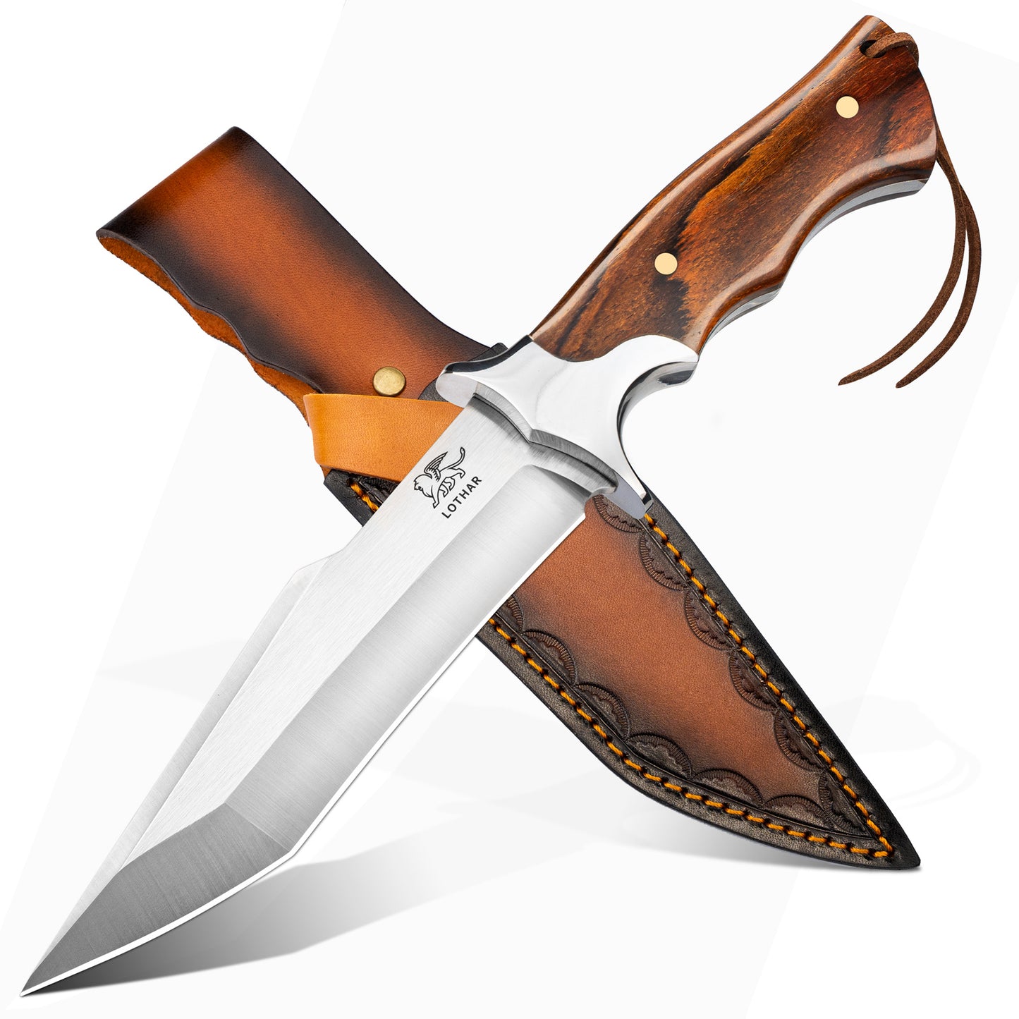LOTHAR MOOSE Fixed Blade Hunting Knife, 5.3 Inch Sharp D2 Blade Bowie Knife with Leather Sheath, Rosewood Handle, Perfect Helper for Hunting, Camping or Bushcraft