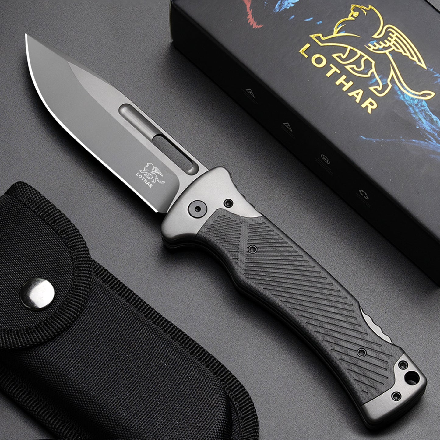 LOTHAR RHINO Zweihandmesser, 10.5cm Großes Klappmesser mit D2 Stahl, G10 Griff Outdoor Messer Survival mit Clip für Camping, Back Lock, Bushcraft, Robust & Langlebig