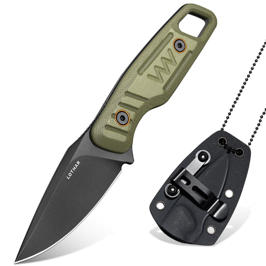LOTHAR TURTLE 2.75" 14C28N Steel Blade Small Fixed Blade Camping Neck Knives with Green G10 Handle and Sheath
