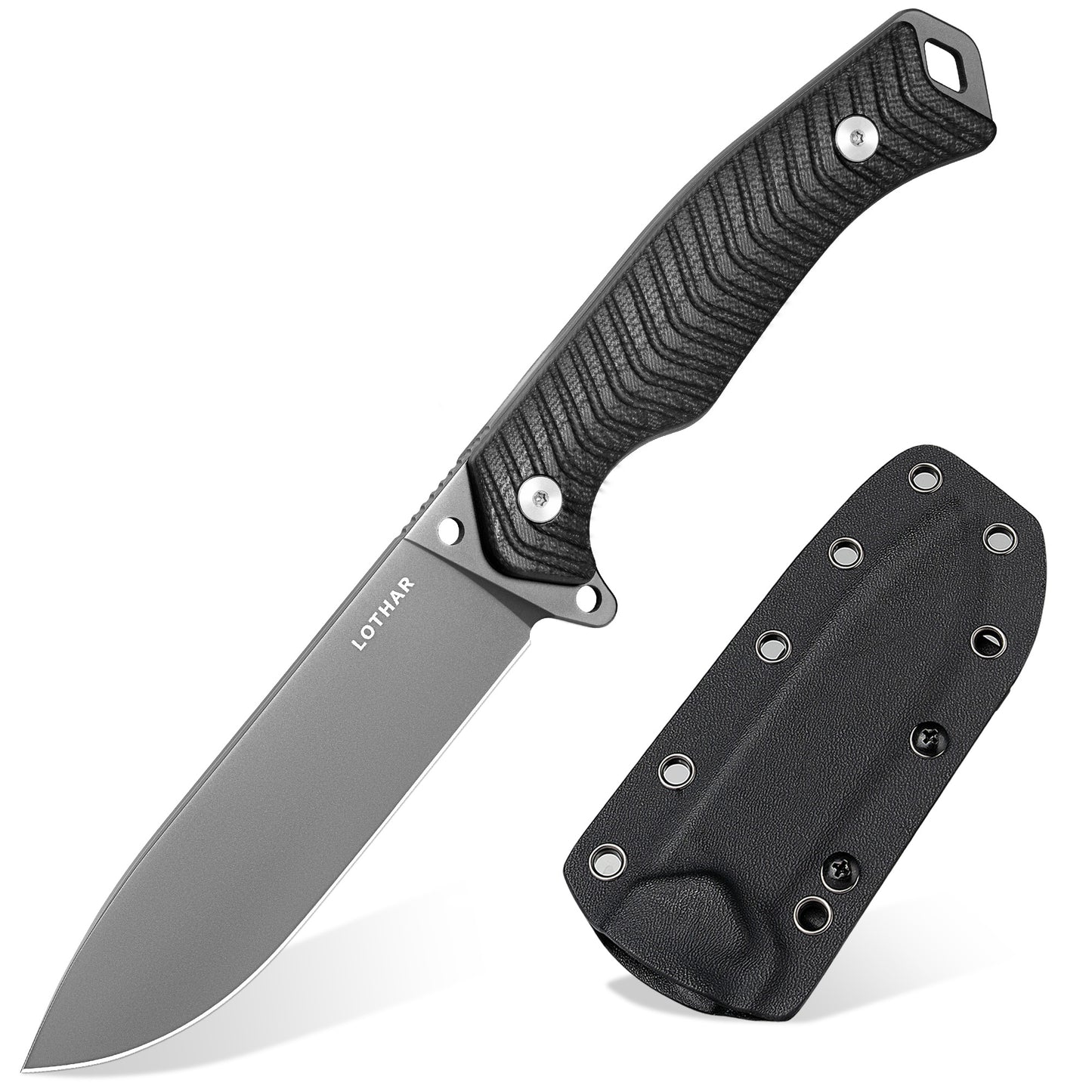 LOTHAR Bat 5'' Sharp D2 Steel Blade PVD Coated Survival Knife with Black G10 Handle, One Fire Starter