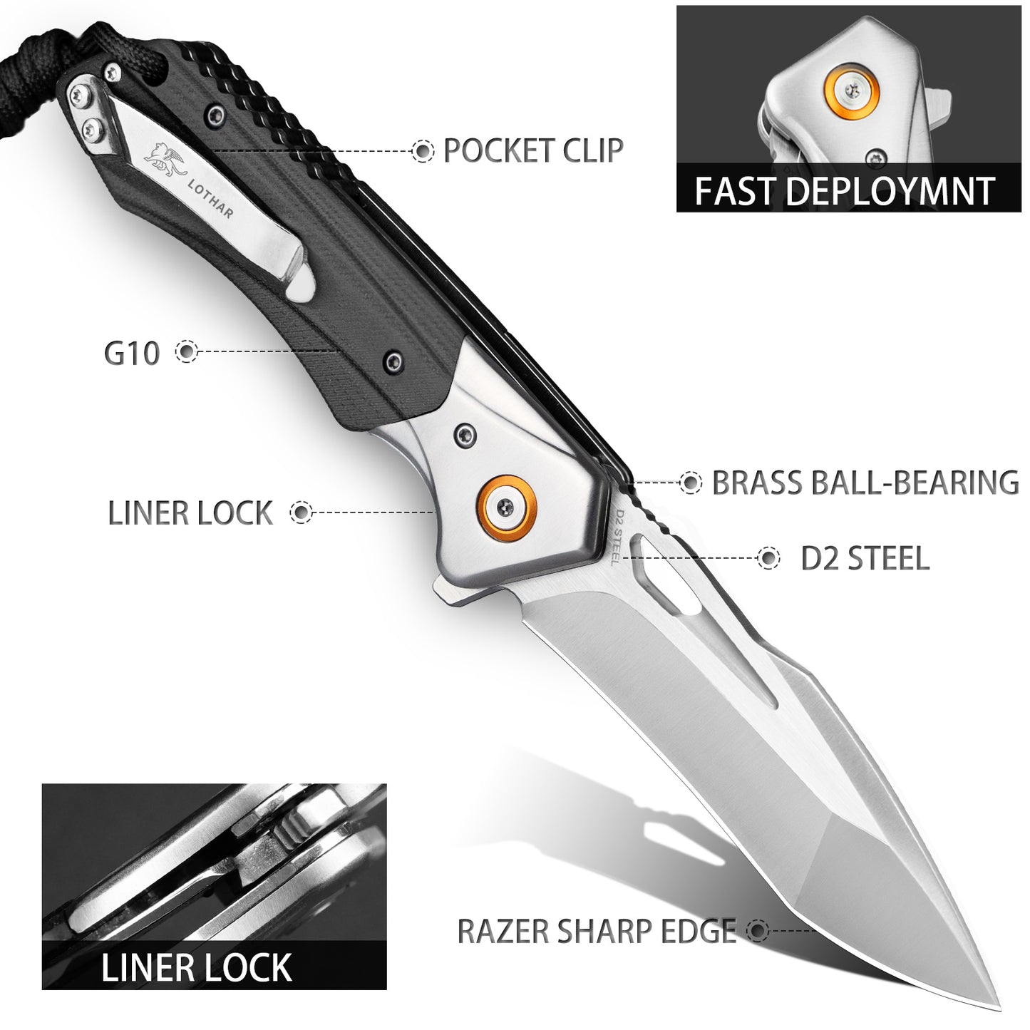 LOTHAR  Lich King Folding Pocket Knife, 3.5'' D2 Steel Blade and Black G10 Handle, Spring Assisted Opening