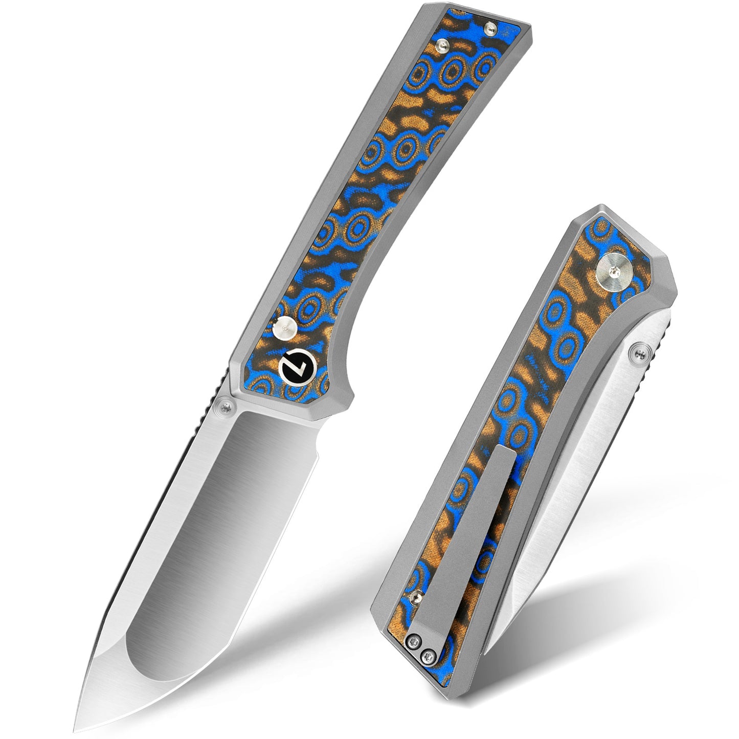 LOTHAR ChallengerK1 Pocket Knife, 3.48" 14C28N Blade, Inlaid Damascus G10 Handle, Button Lock