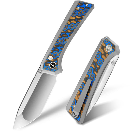 LOTHAR ChallengerK1 Pocket Knife, 3.48" 14C28N Blade, Inlaid Damascus G10 Handle, Button Lock