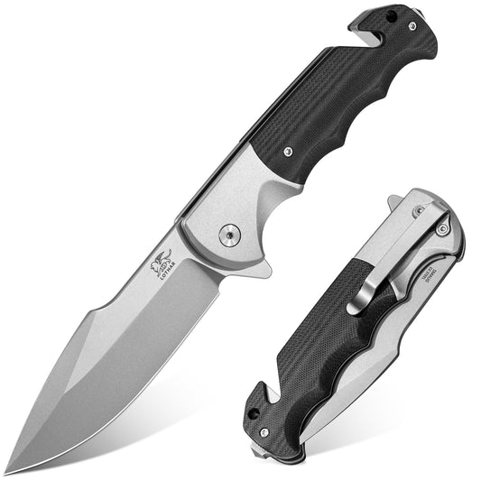 LOTHAR SMAUG Tactical Pocket Knife, 3.7" D2 Steel Blade Pocket Knives for Men, G10 Handle, 3-in-1 Survival Knife with Glass Breaker, Hunting Knife for Camping, Gift for Men Women (GREY)