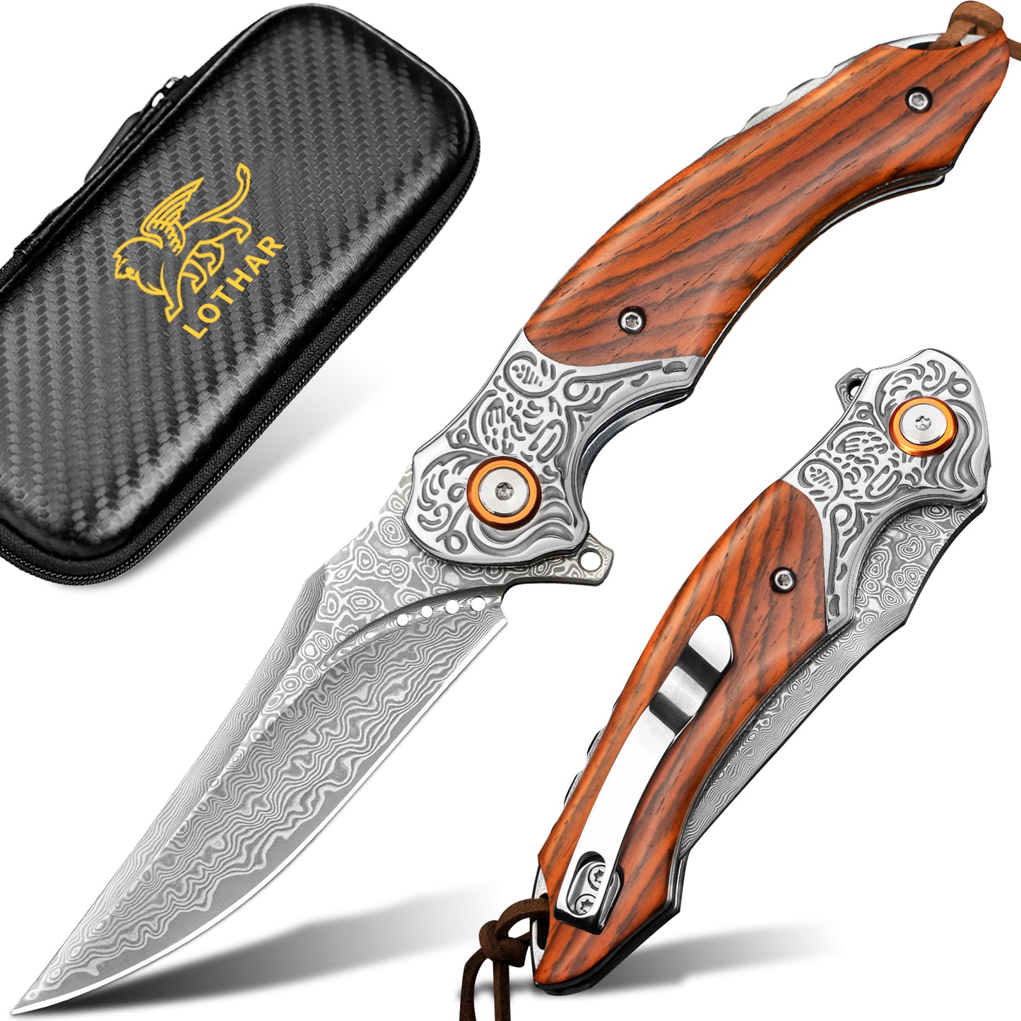 LOTHAR Damast-Taschenmesser für Herren, 7,78" VG10 Klappmesser mit Retro-Lederscheide und klassischem Kropf, EDC-Messer-Jubiläen, Weihnachten, Strumpffüller für Männer, Väter, elegante Geschenke für Männer