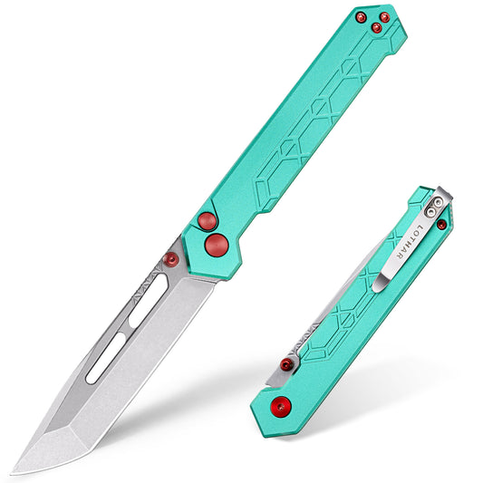 LOTHAR Rafael Pocket Knife, 3.45" 14C28N Tanto Blade Tactical Knife, Aluminum Handle, Button Lock