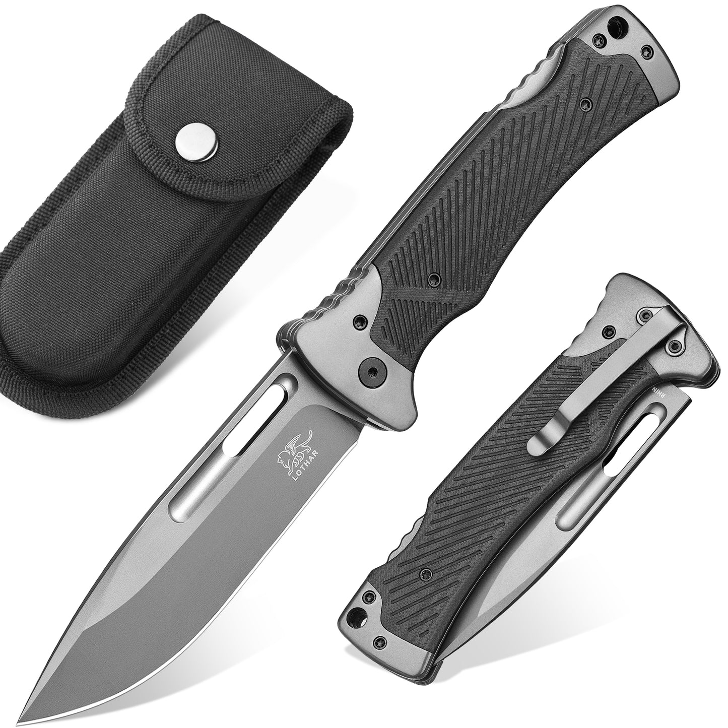 LOTHAR RHINO Zweihandmesser, 10.5cm Großes Klappmesser mit D2 Stahl, G10 Griff Outdoor Messer Survival mit Clip für Camping, Back Lock, Bushcraft, Robust & Langlebig