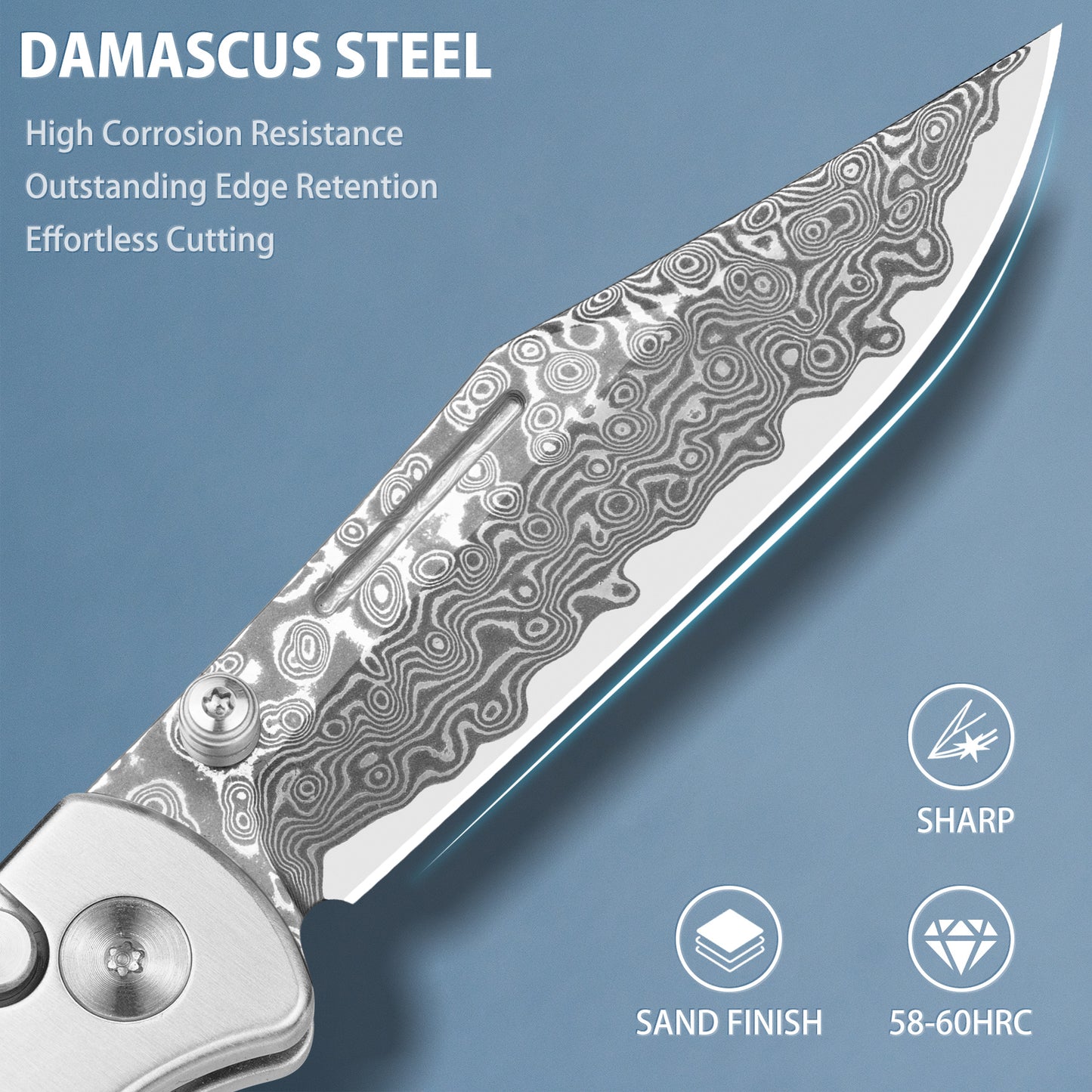 LOTHAR Falcon Pocket Knife, 2.98" Damascus Steel Blade EDC Knife, G10 Handle, Pocket Folding Knife with Clip, Button Lock, Gifts Pocket Knife for Men Women (Damascus)