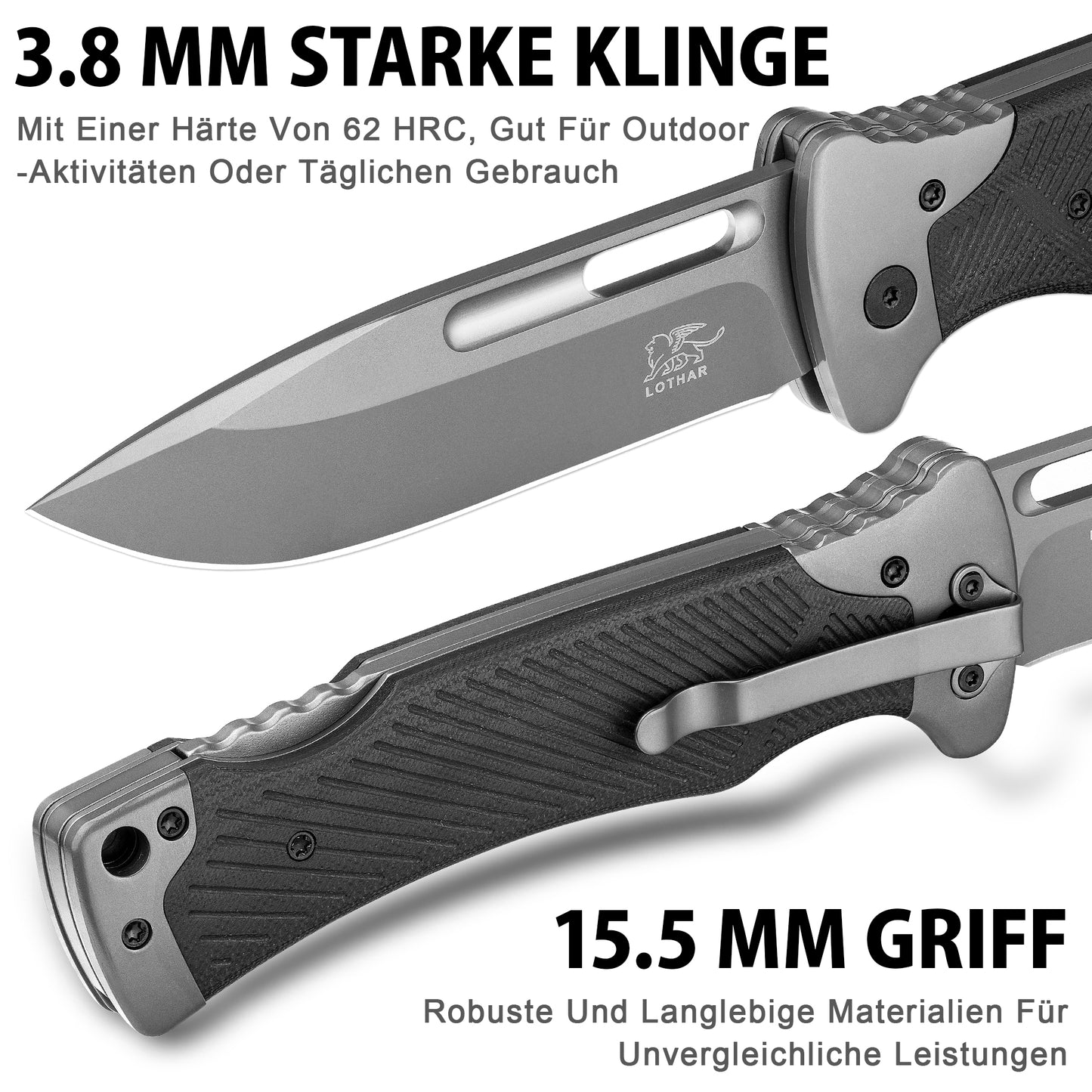 LOTHAR RHINO Zweihandmesser, 10.5cm Großes Klappmesser mit D2 Stahl, G10 Griff Outdoor Messer Survival mit Clip für Camping, Back Lock, Bushcraft, Robust & Langlebig