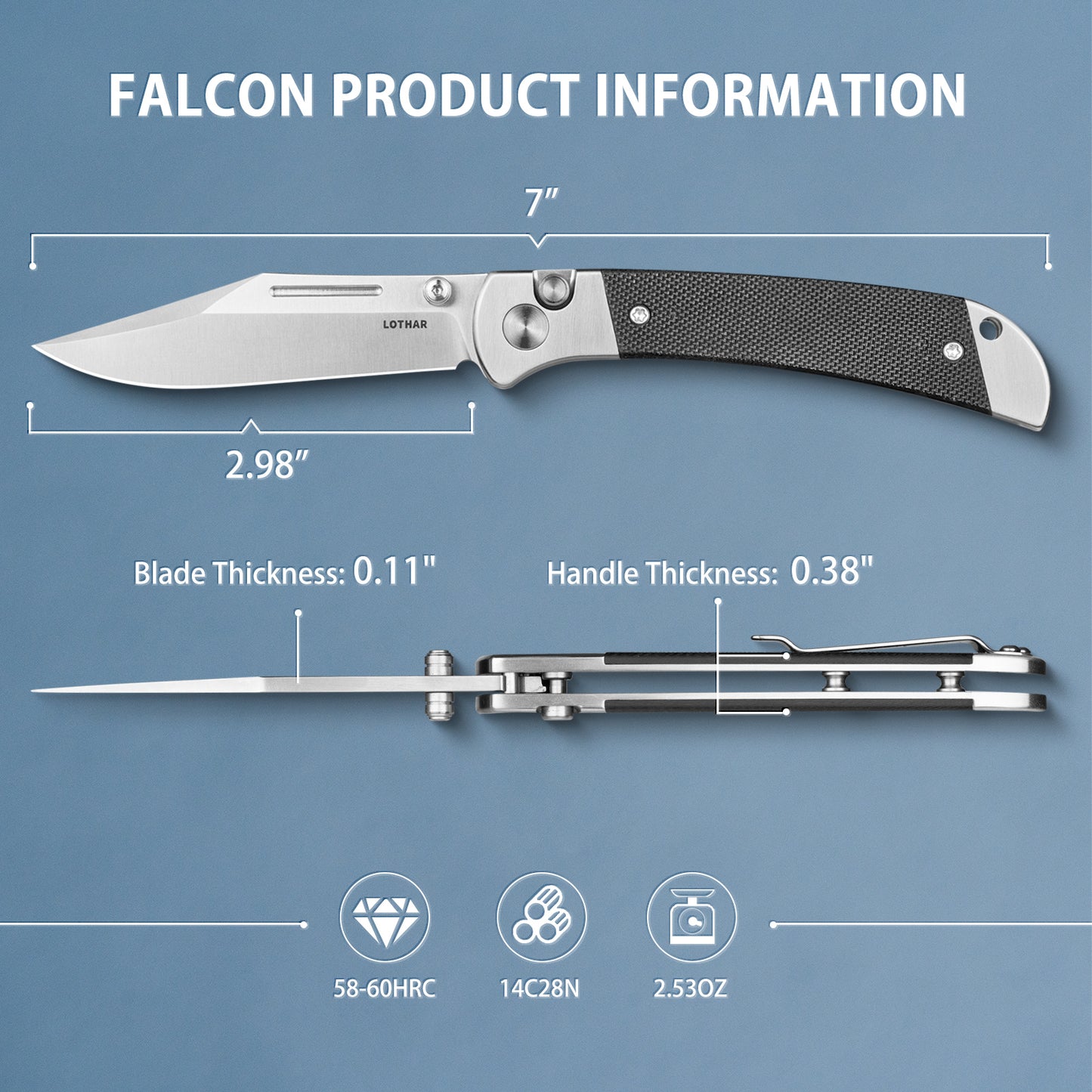 LOTHAR Falcon Pocket Knife, 2.98" 14C28N Steel Blade EDC Knife, G10 Handle, Button Lock Knife