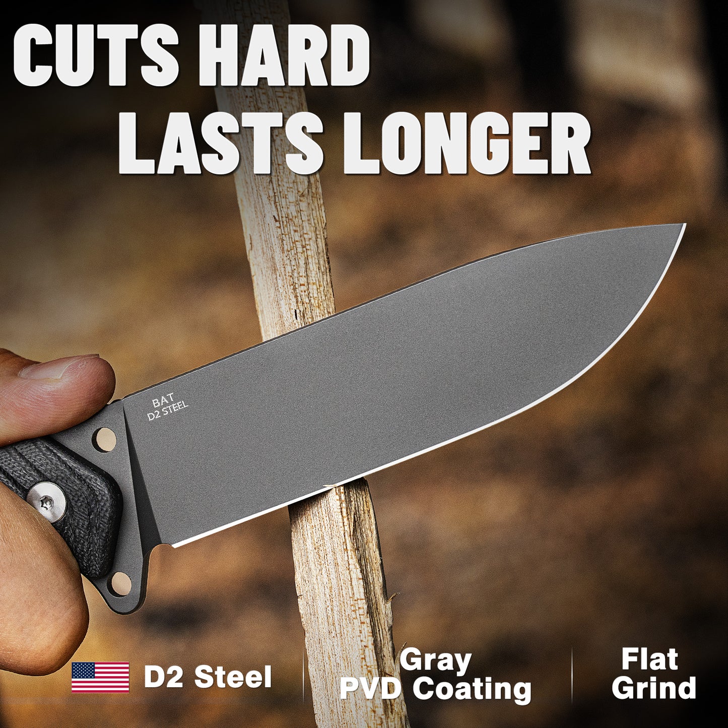 LOTHAR Bat 5'' Sharp D2 Steel Blade PVD Coated Survival Knife with Black G10 Handle, One Fire Starter