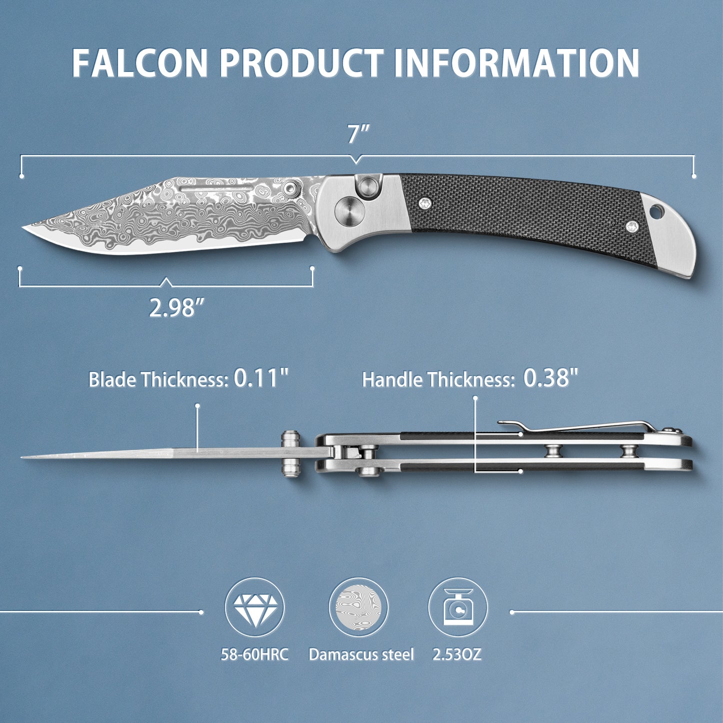 LOTHAR Falcon Pocket Knife, 2.98" Damascus Steel Blade EDC Knife, G10 Handle, Pocket Folding Knife with Clip, Button Lock, Gifts Pocket Knife for Men Women (Damascus)