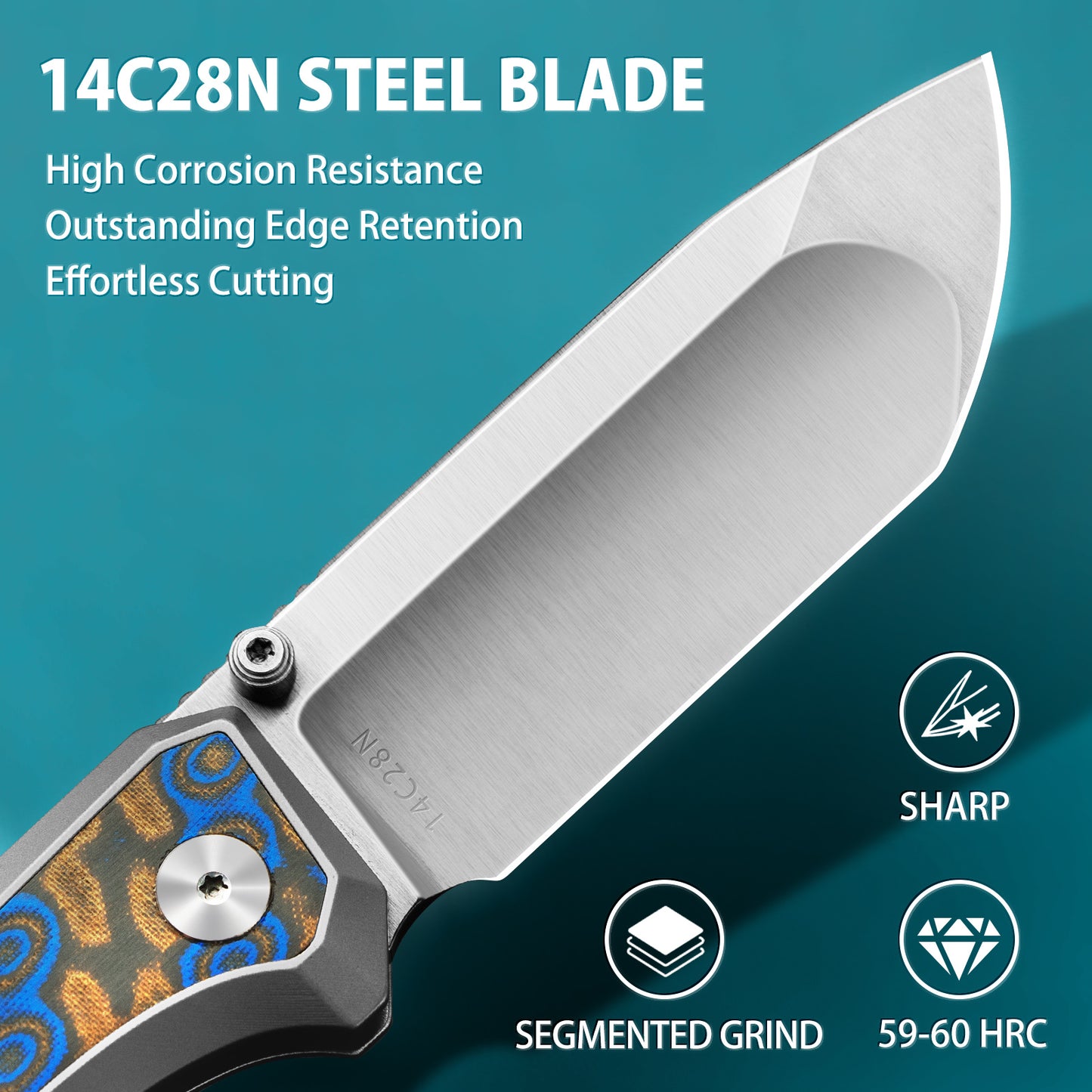 LOTHAR ChallengerK1 Pocket Knife, 3.48" 14C28N Blade, Inlaid Damascus G10 Handle, Button Lock