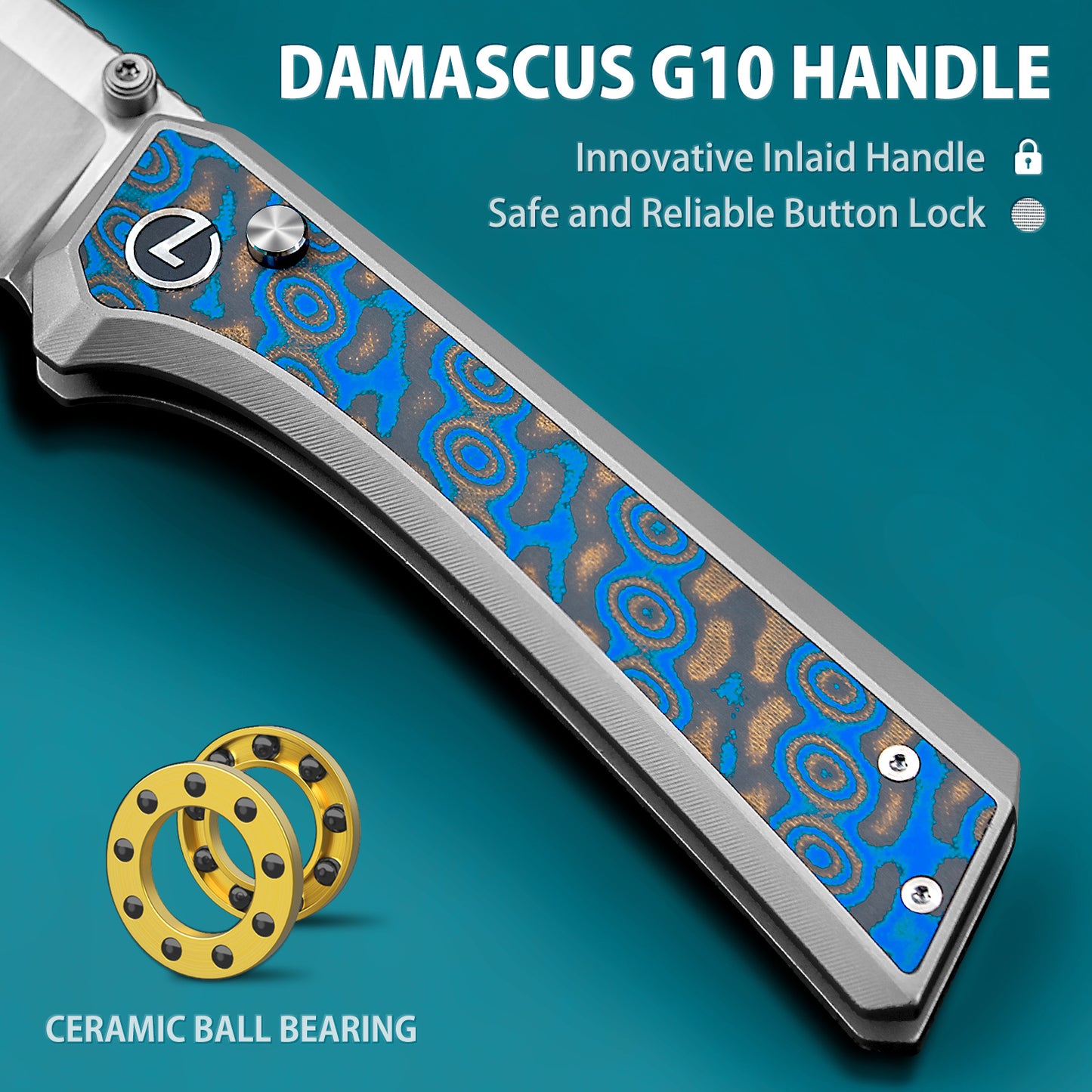 LOTHAR ChallengerK1 Pocket Knife, 3.48" 14C28N Blade, Inlaid Damascus G10 Handle, Button Lock