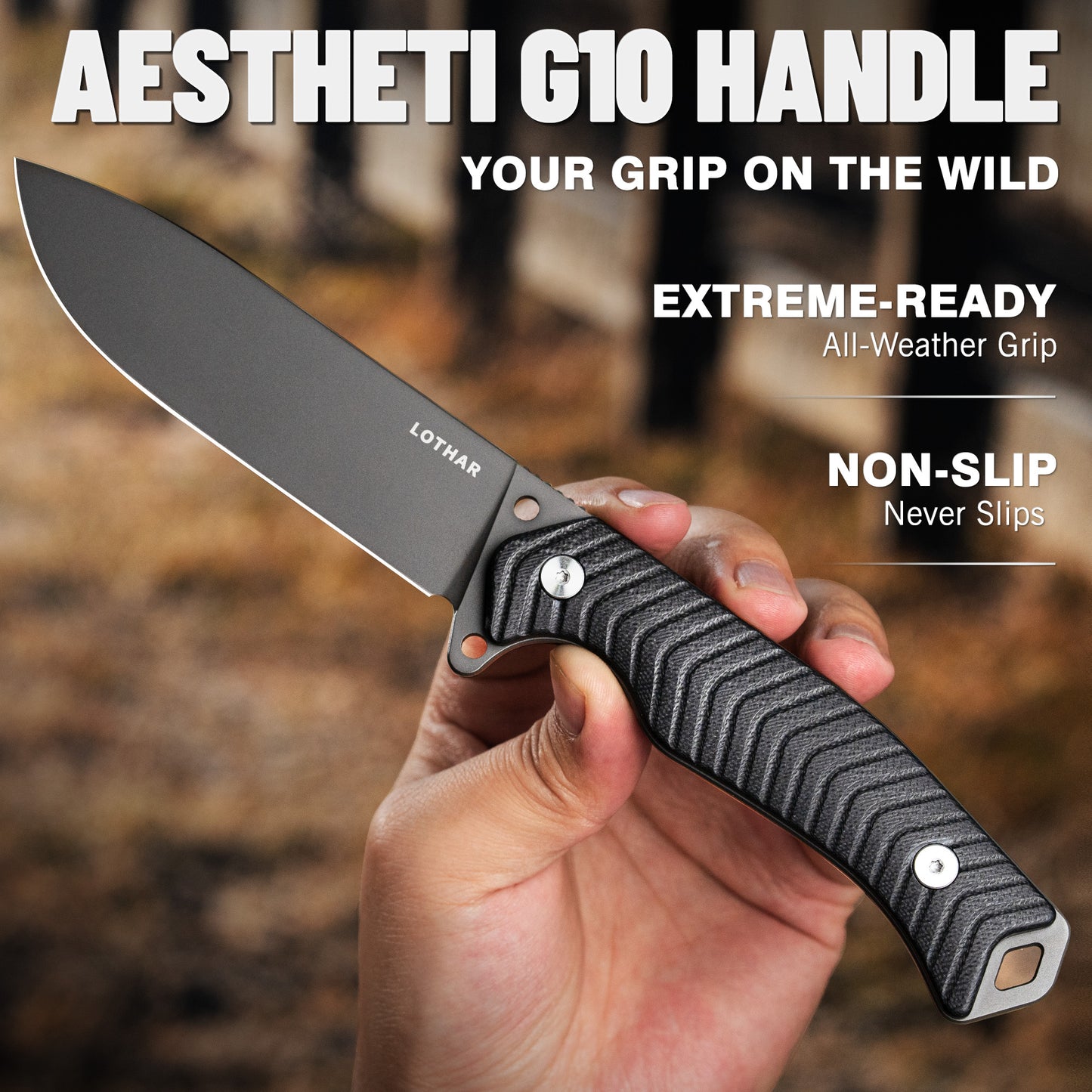 LOTHAR Bat 5'' Sharp D2 Steel Blade PVD Coated Survival Knife with Black G10 Handle, One Fire Starter