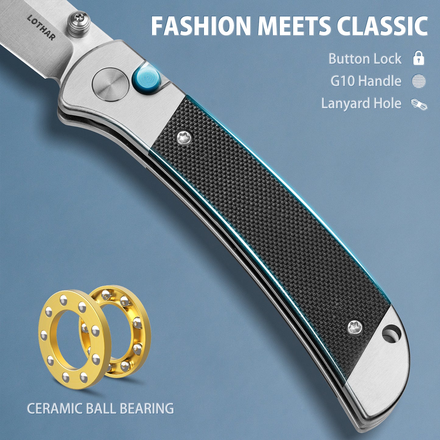 LOTHAR Falcon Pocket Knife, 2.98" 14C28N Steel Blade EDC Knife, G10 Handle, Button Lock Knife