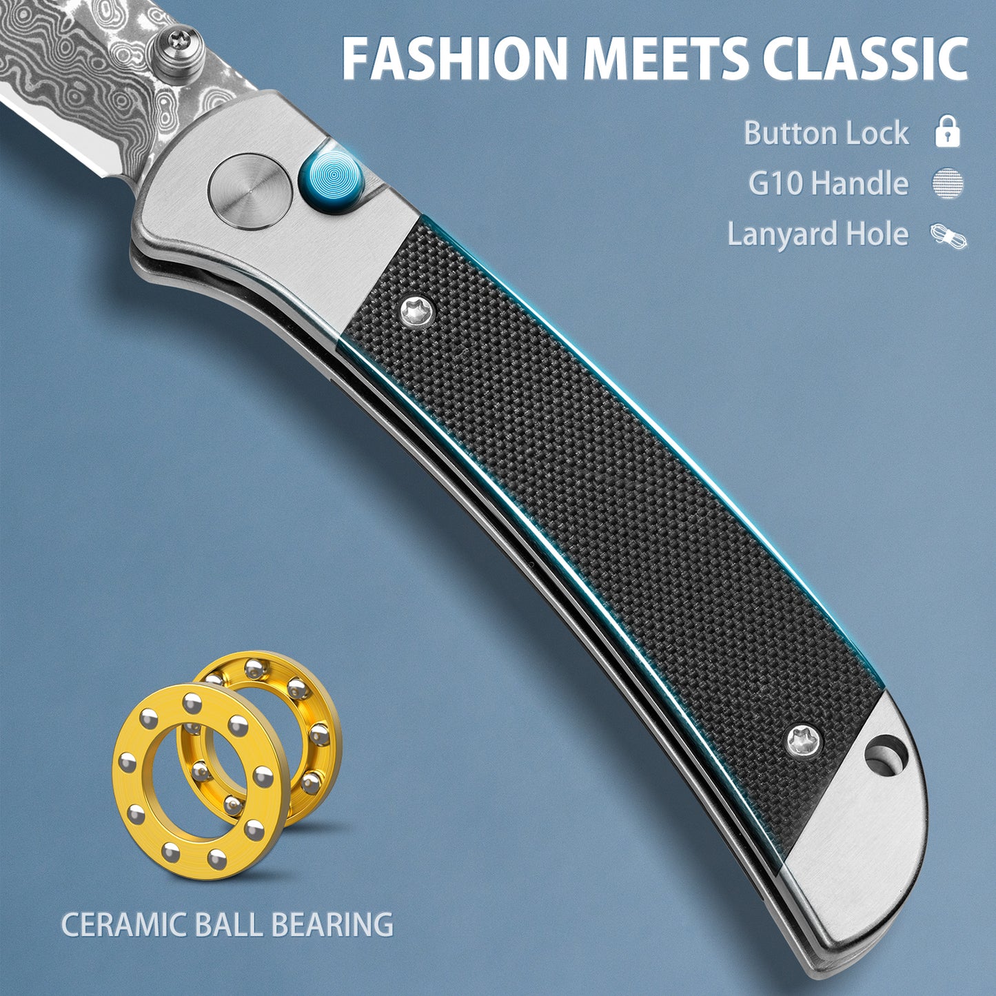 LOTHAR Falcon Pocket Knife, 2.98" Damascus Steel Blade EDC Knife, G10 Handle, Pocket Folding Knife with Clip, Button Lock, Gifts Pocket Knife for Men Women (Damascus)